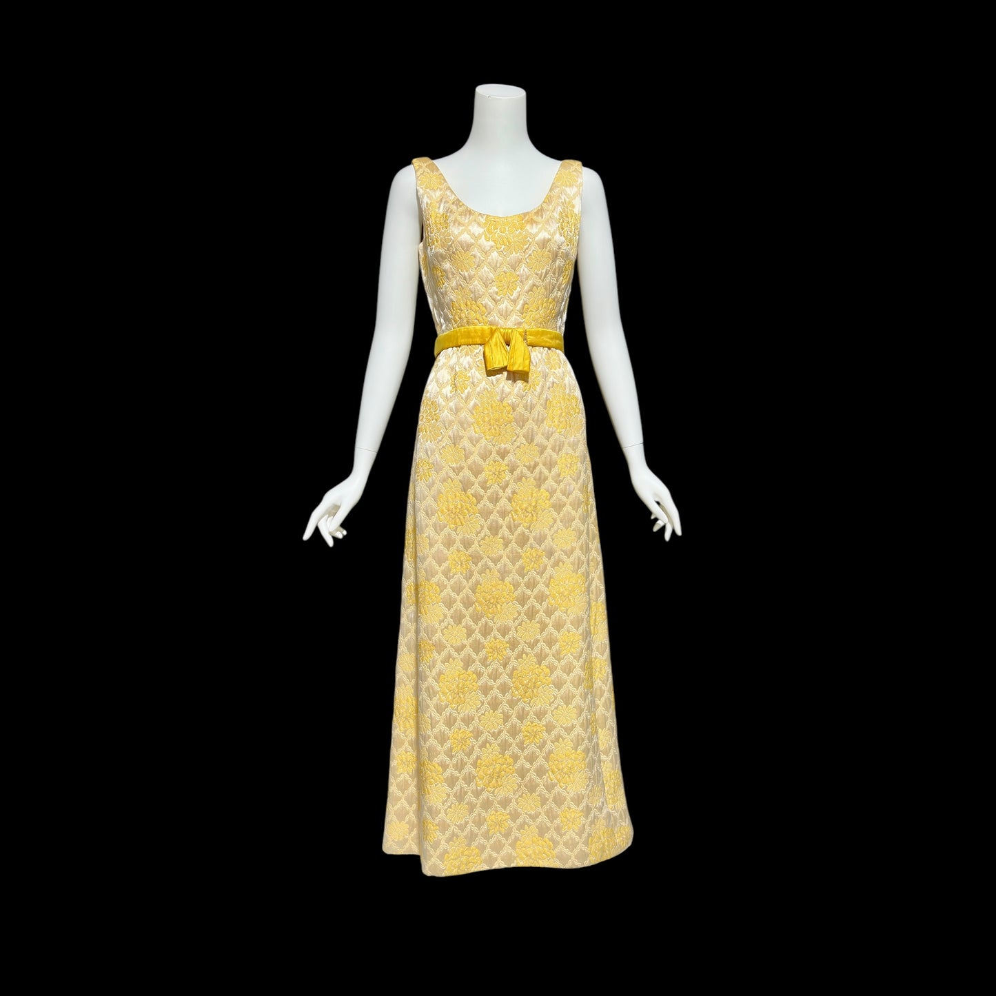 MOLLIE PARNIS Nan Duskin 1960s vintage evening dress, gold floral silk damask 2 pc gown and matching coat ensemble