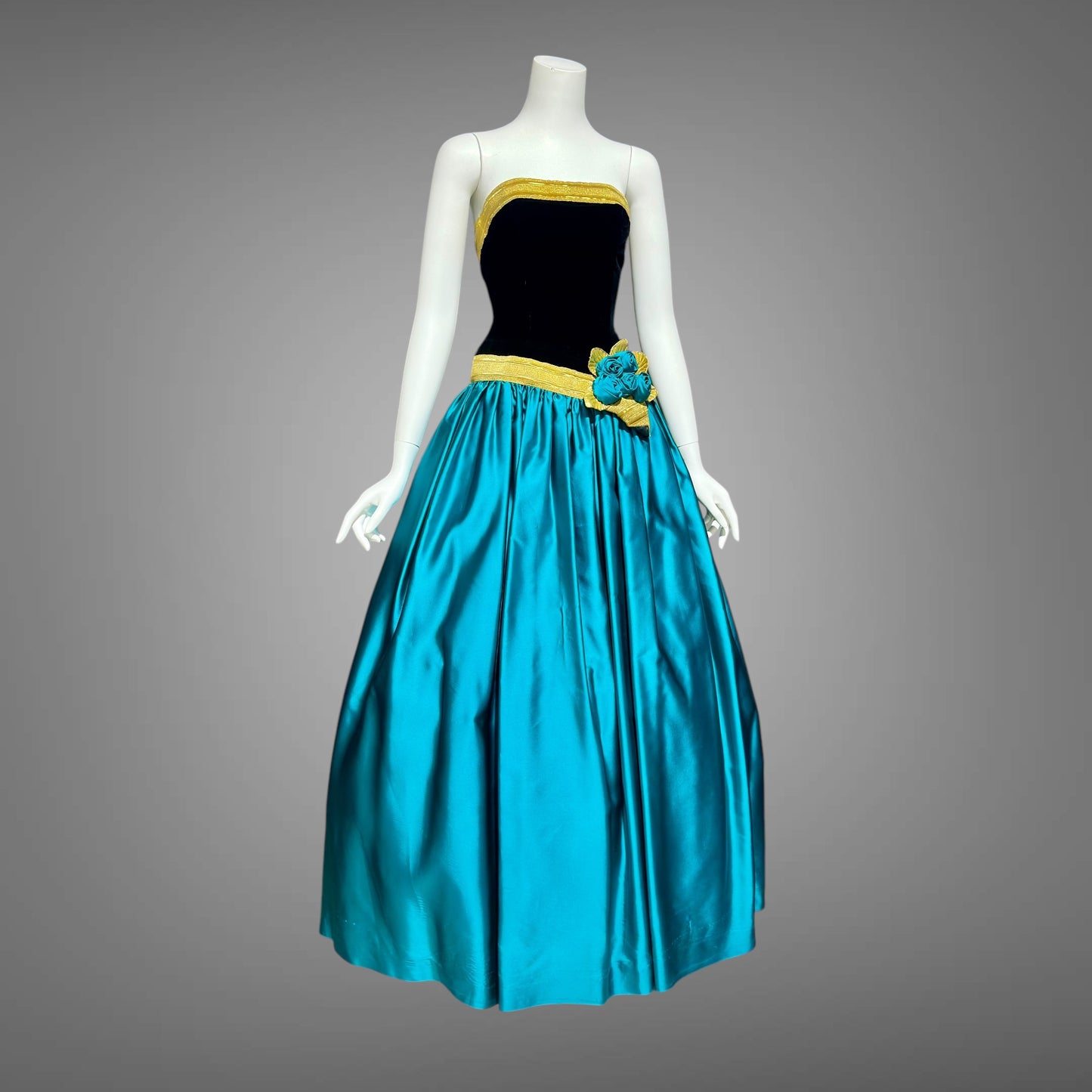 EUGENE ALEXANDER for Neiman Marcus, 1980s evening dress, black & teal rosette ball gown