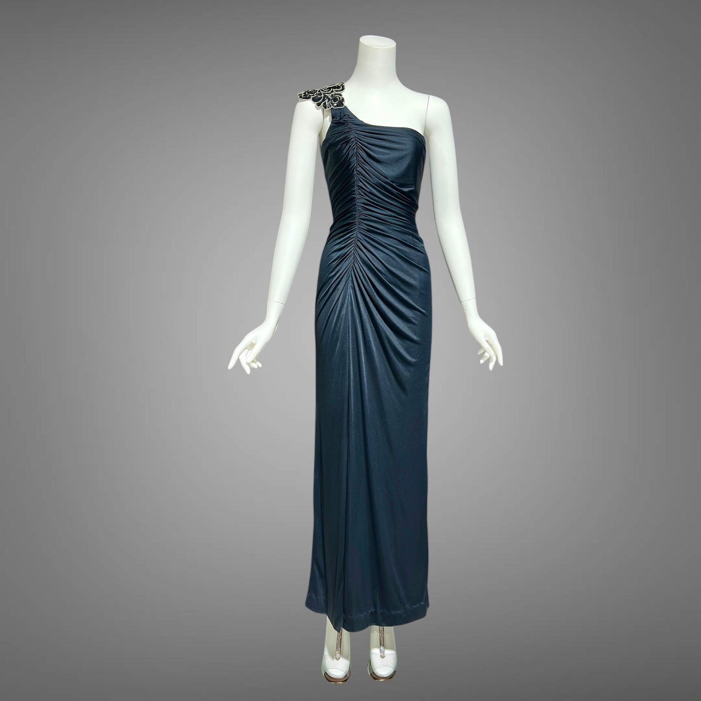 EUGENE ALEXANDER, vintage 1980s evening dress, Slinky Black sheath One Shoulder Grecian Goddess gown