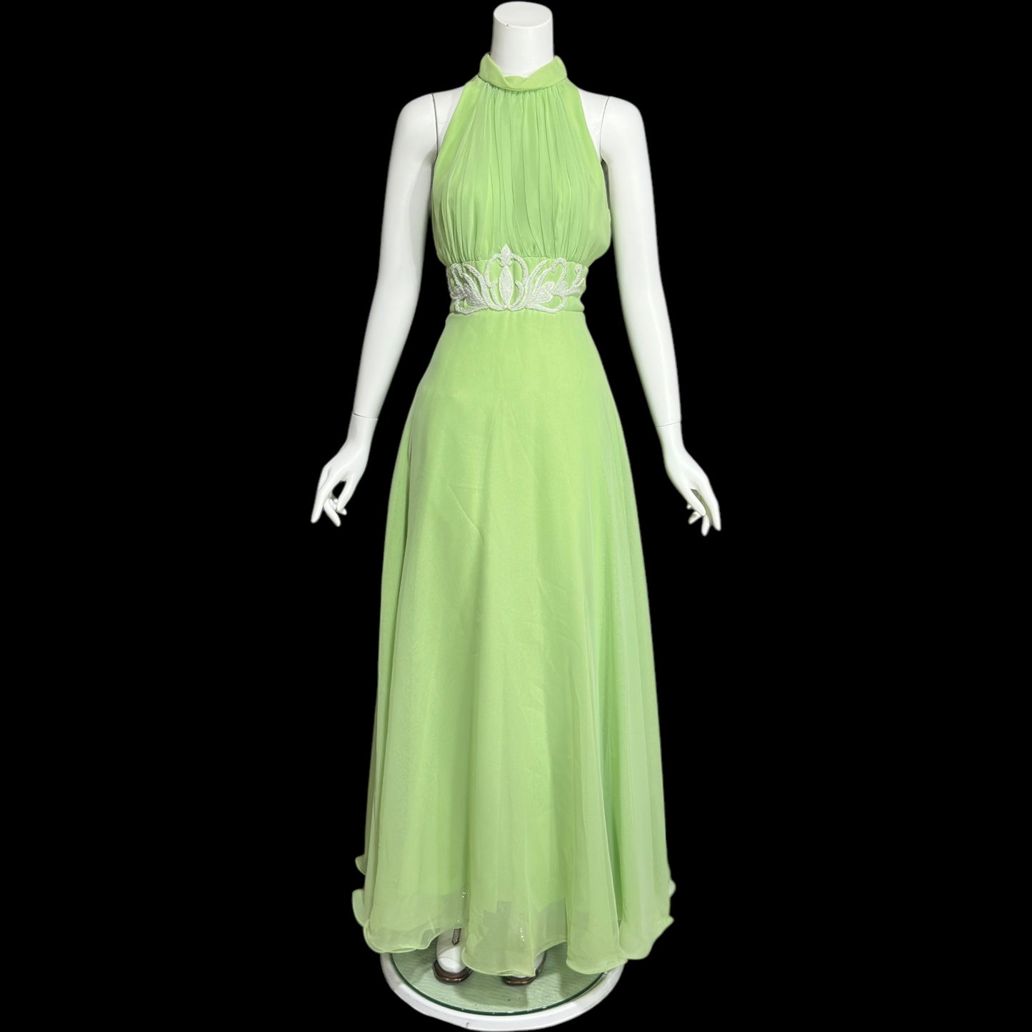 LILLIE RUBIN vintage 1970s green chiffon evening dress gown, Collection 700, matching scarf cape