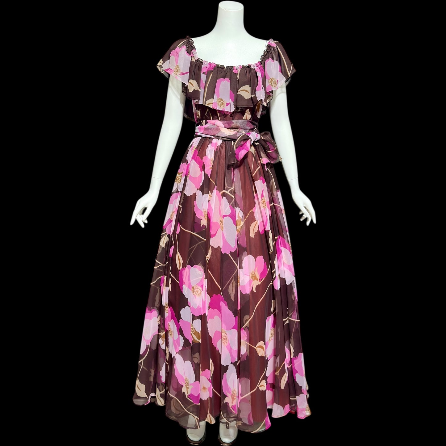 MIGNON New York, vintage 1970s floral Chiffon Maxi Dress, Chocolate Brown Hot Pink evening gown