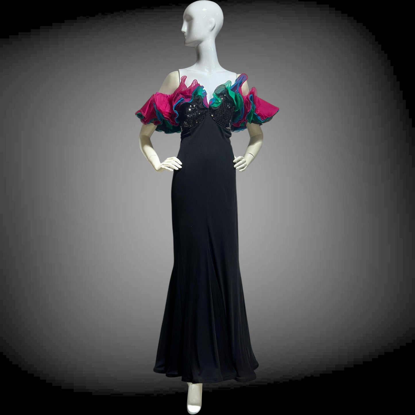 EUGENE ALEXANDER, vintage 1980s evening gown, Black sheath dress, HUGE ruffle collar, Sequin Bodice, on or off shoulders