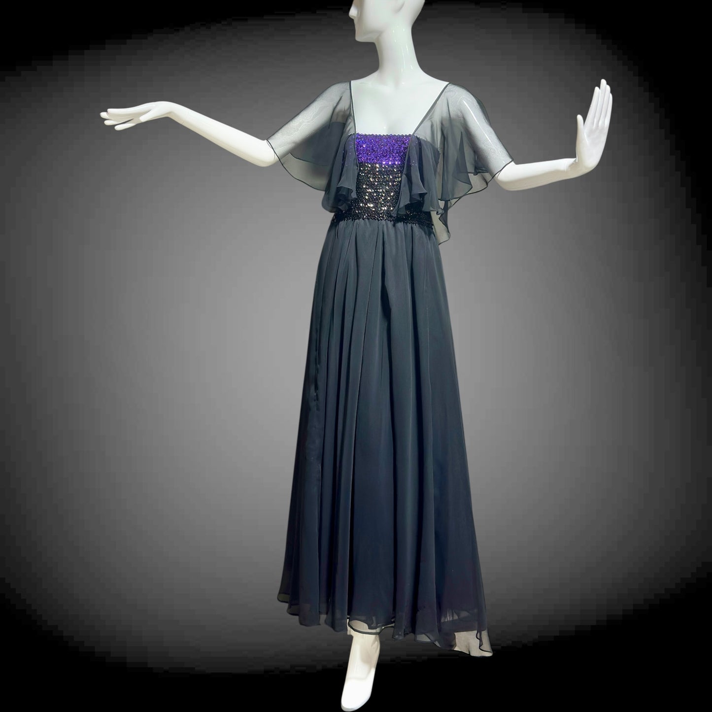 JEAN VARON, Made in England, vintage 1970s sequin and chiffon scarf evening dress