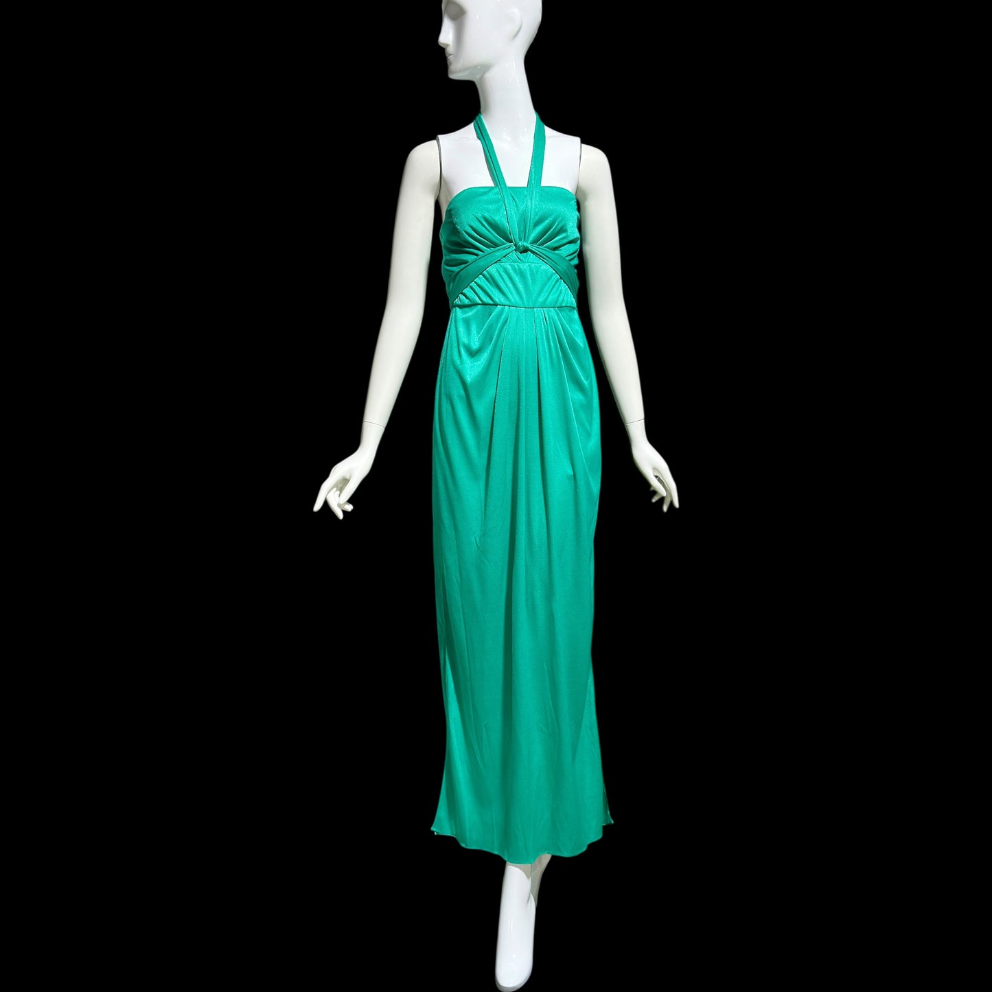 ESTEVEZ evening dress, vintage 1970s teal green jersey knit gown, Studio 54 cocktail disco party dress
