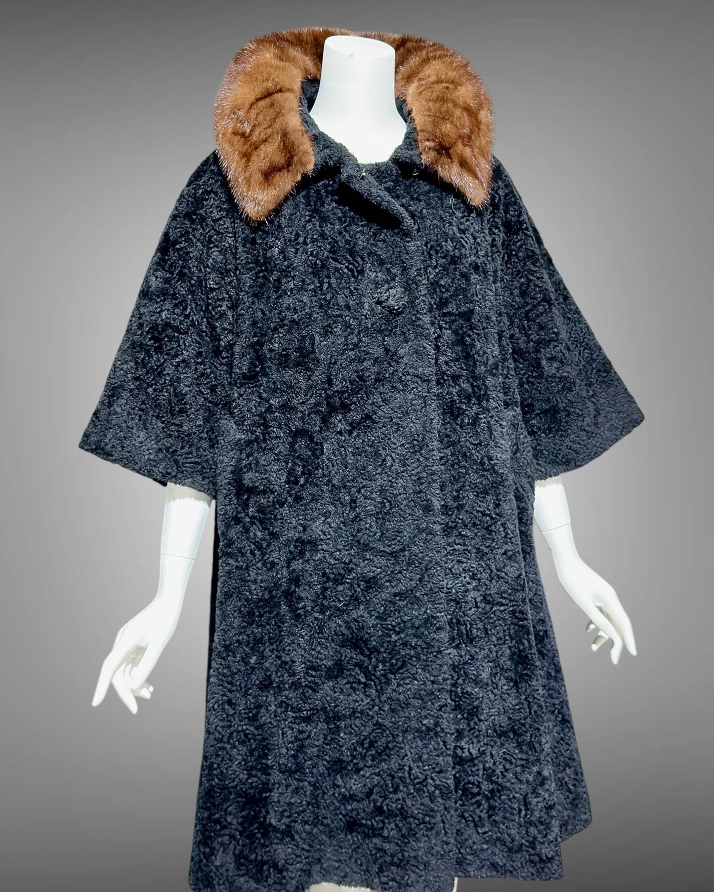 LILLI ANN 1950s vintage swing coat, Black boucle evening swing coat with mink collar