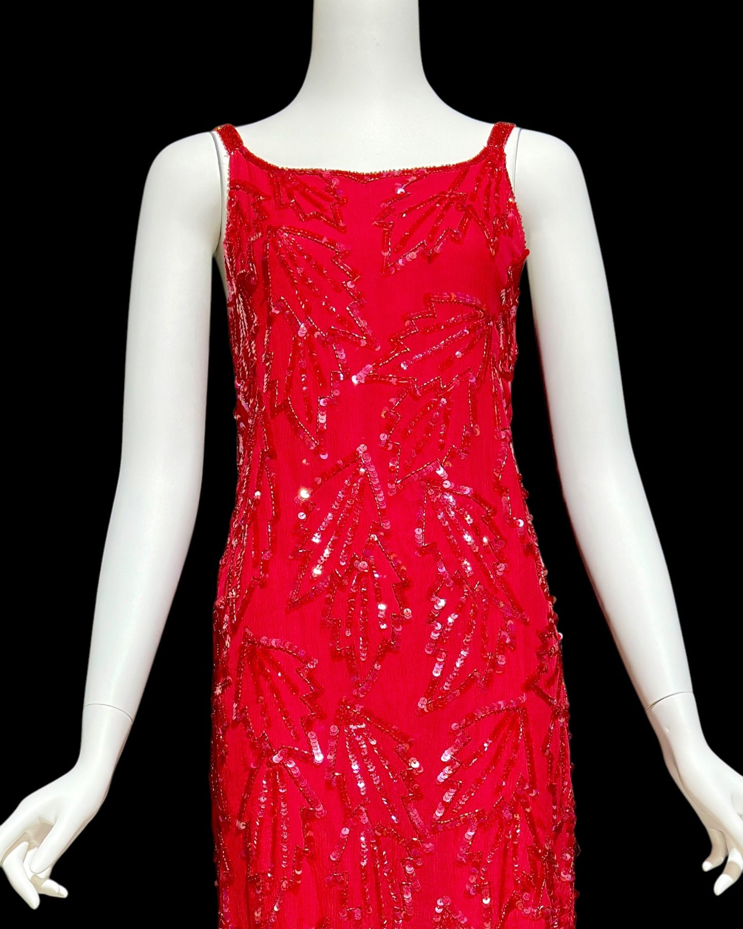 KAYE LOUISE vintage 1990s dress, red 100% silk and sequin beaded cocktail party slip dress
