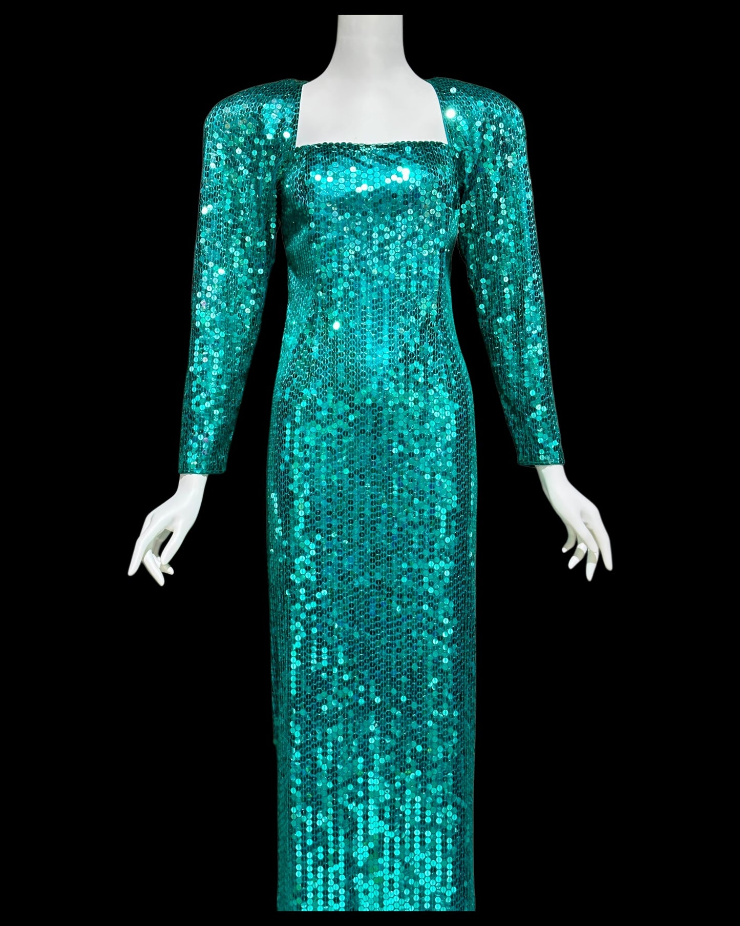 OLEG CASSINI vintage 1980s bodycon sequin evening gown, Mermaid teal green sheath gown with open back