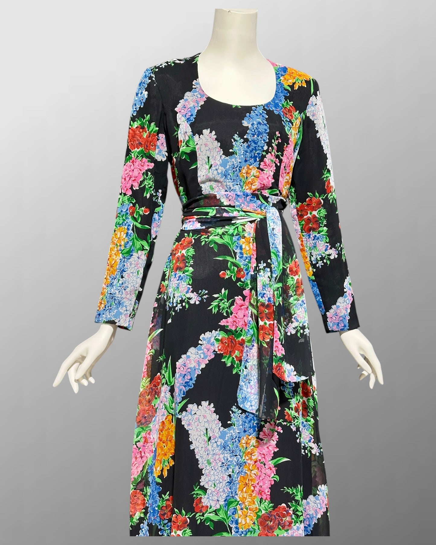 RAZOOK'S vintage 1970s evening dress, poly chiffon floral maxi dress