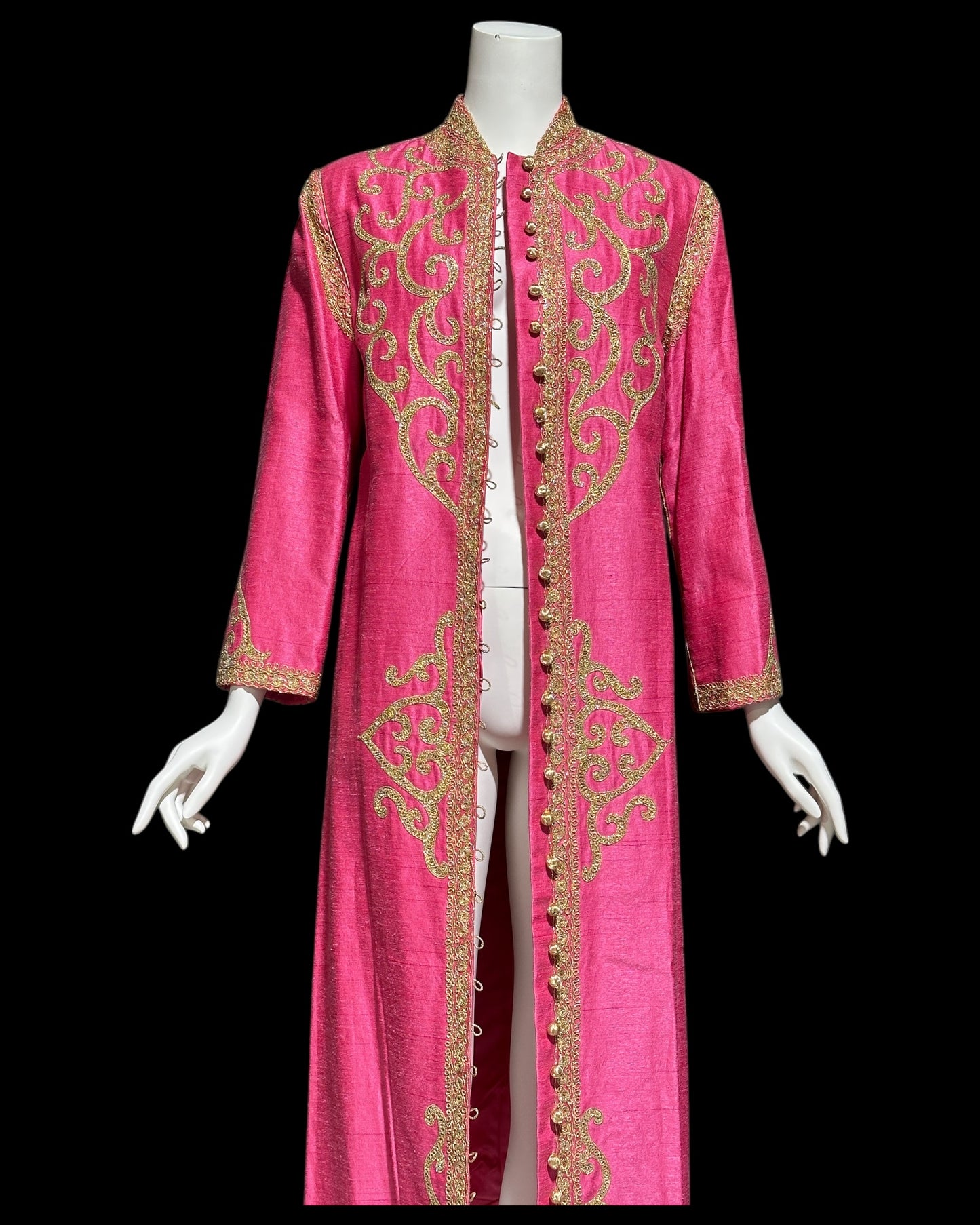 MOROCCAN KAFTAN vintage 1960s raw silk caftan evening dress, Hand Made Hot Pink and gold metallic