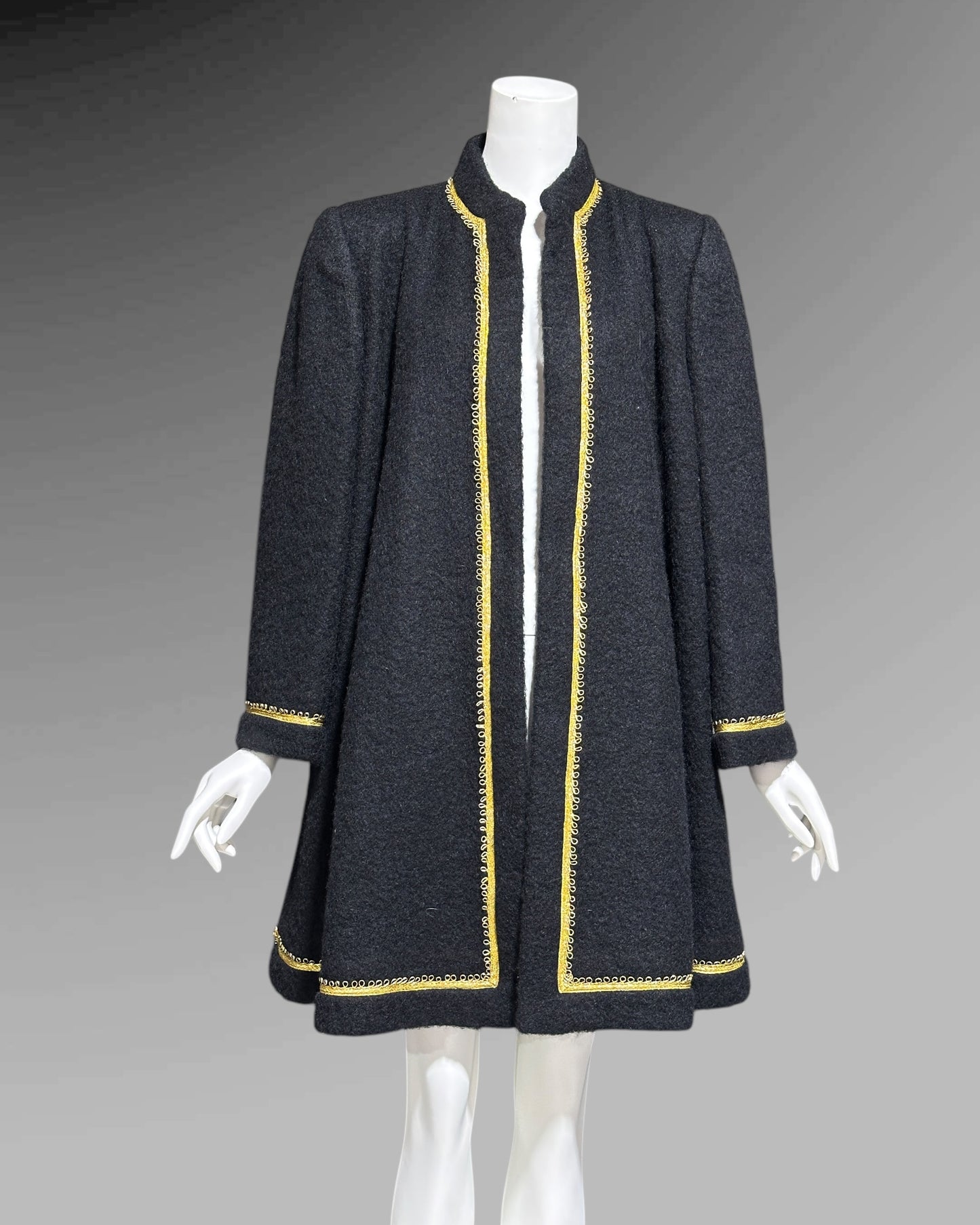 TRIGERE 1980s mohair swing coat, for SAKS 5th Ave Black mohair gold metallic cord