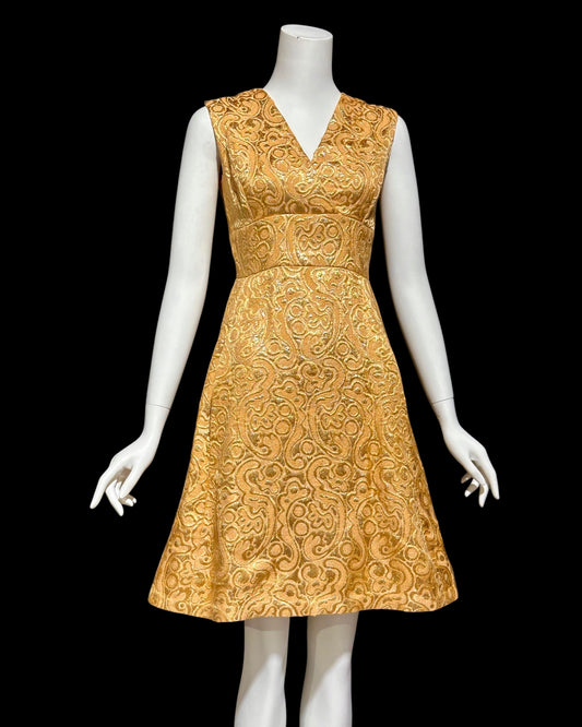 MALCOLM STARR Vintage dress jacket set, 1960s Apricot shiny gold brocade cocktail evening suit ensemble, dress and matching jacket