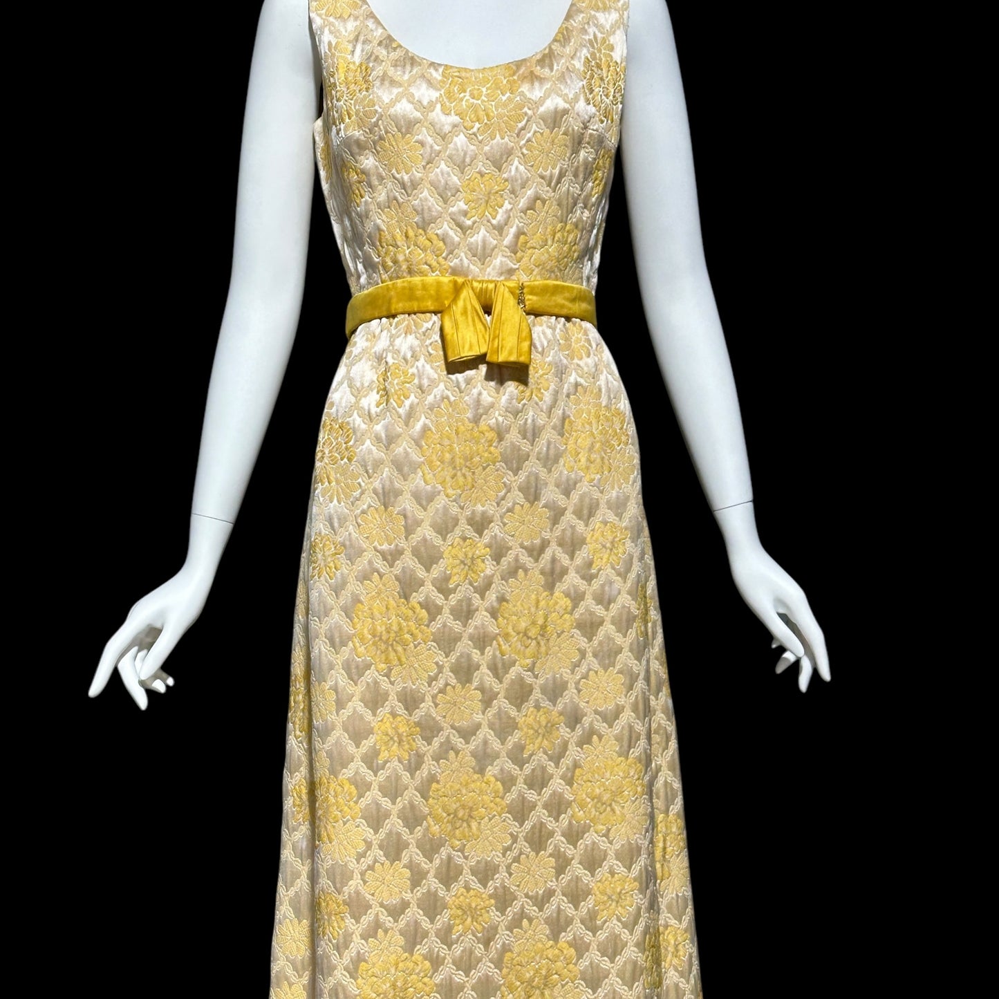 MOLLIE PARNIS Nan Duskin 1960s vintage evening dress, gold floral silk damask 2 pc gown and matching coat ensemble
