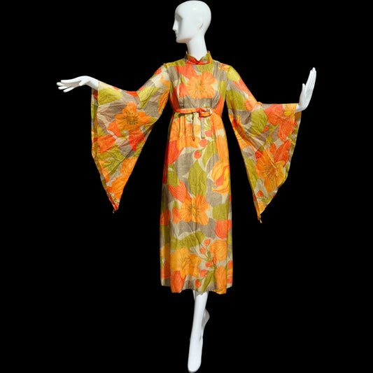 BOB BUGNAND Sam Friedlander,  Martha Weathered, vintage 1960s evening dress, Orange floral angel sleeves