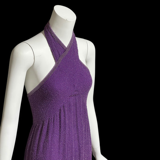 JEET vintage 1980s evening gown, Purple Beaded Silk Sheath gown, Halter slip dress