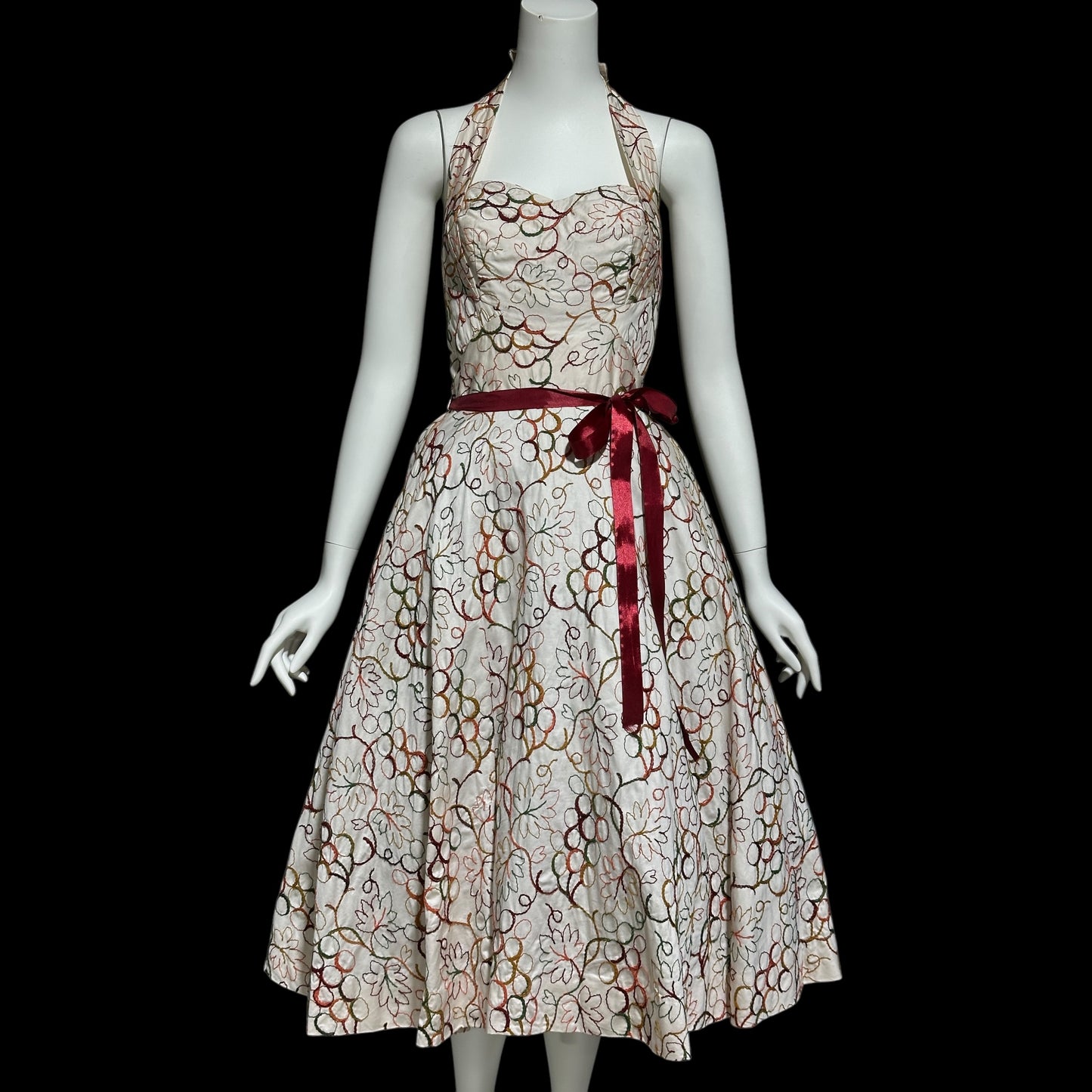 ALIX OF MIAMI, vintage 1950s Halter Sundress, cotton pinup dress with embroidery