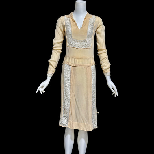 1920s vintage antique flapper dress, creamy yellow Hungarian style day dress with white lace
