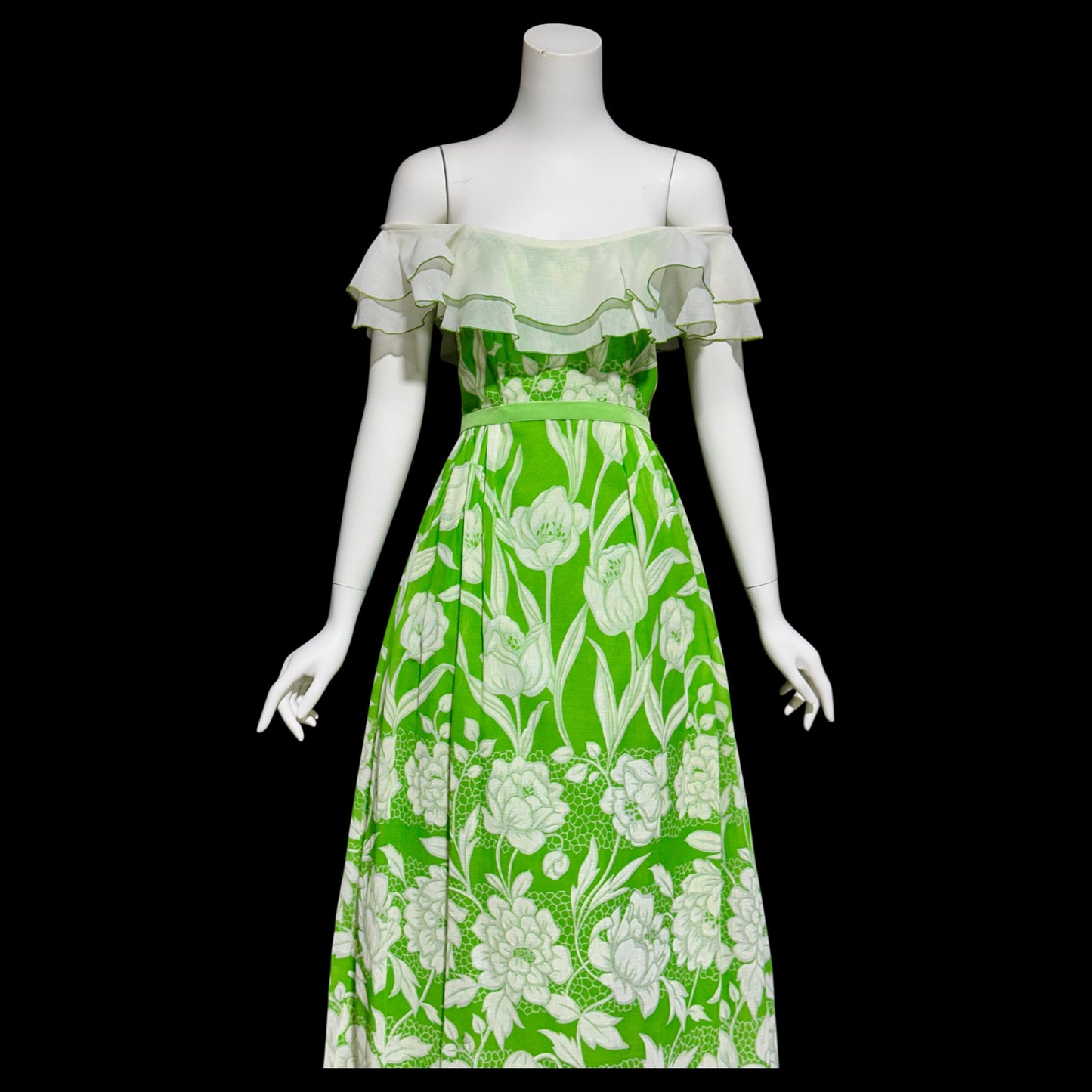 1970s vintage off shoulder maxi dress, Ruffle collar, sheer green and white floral, organza evening party dress