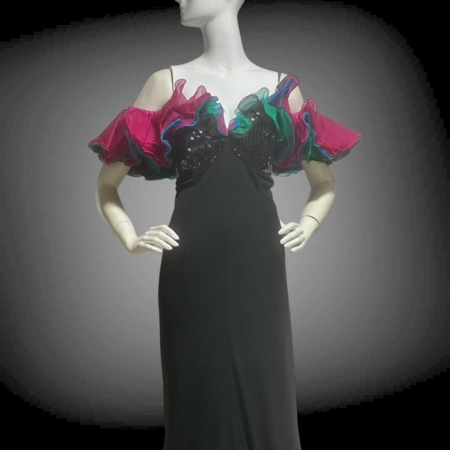 EUGENE ALEXANDER, vintage 1980s evening gown, Black sheath dress, HUGE ruffle collar, Sequin Bodice, on or off shoulders