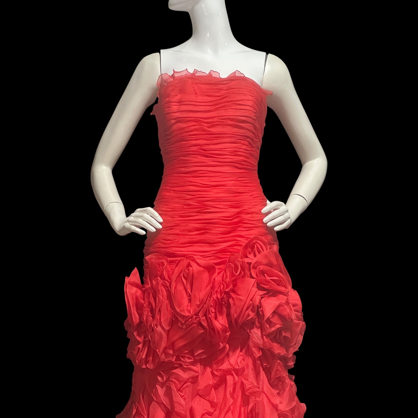 BELLVILLE SASSOON Lorcan Mullany, vintage 1980s evening dress, Red mermaid sheath gown, strapless tiered ruffles with matching bolero