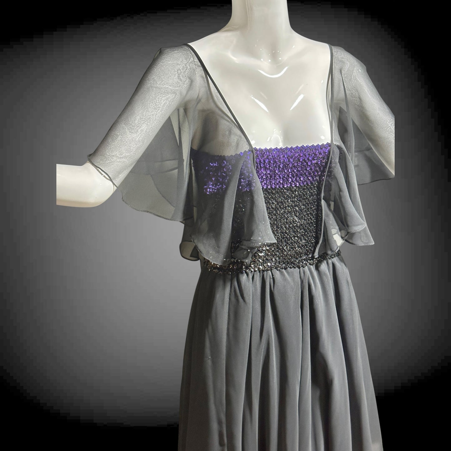 JEAN VARON, Made in England, vintage 1970s sequin and chiffon scarf evening dress