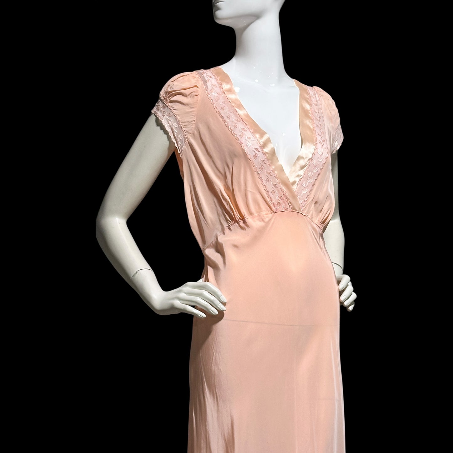 1940s vintage nightgown slip dress, Shiny peach bias cut rayon slip dress, full length, cap sleeves