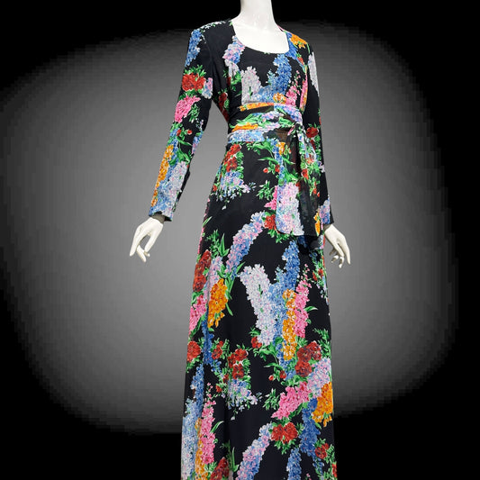 RAZOOK'S vintage 1970s evening dress, poly chiffon floral maxi dress