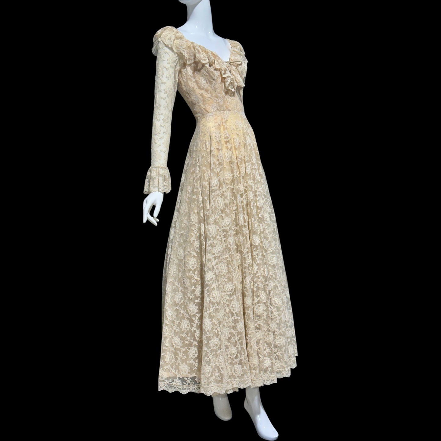 LES WILK 1970s vintage evening dress, lace beige ruffle deep V neckline full sweep wedding dress
