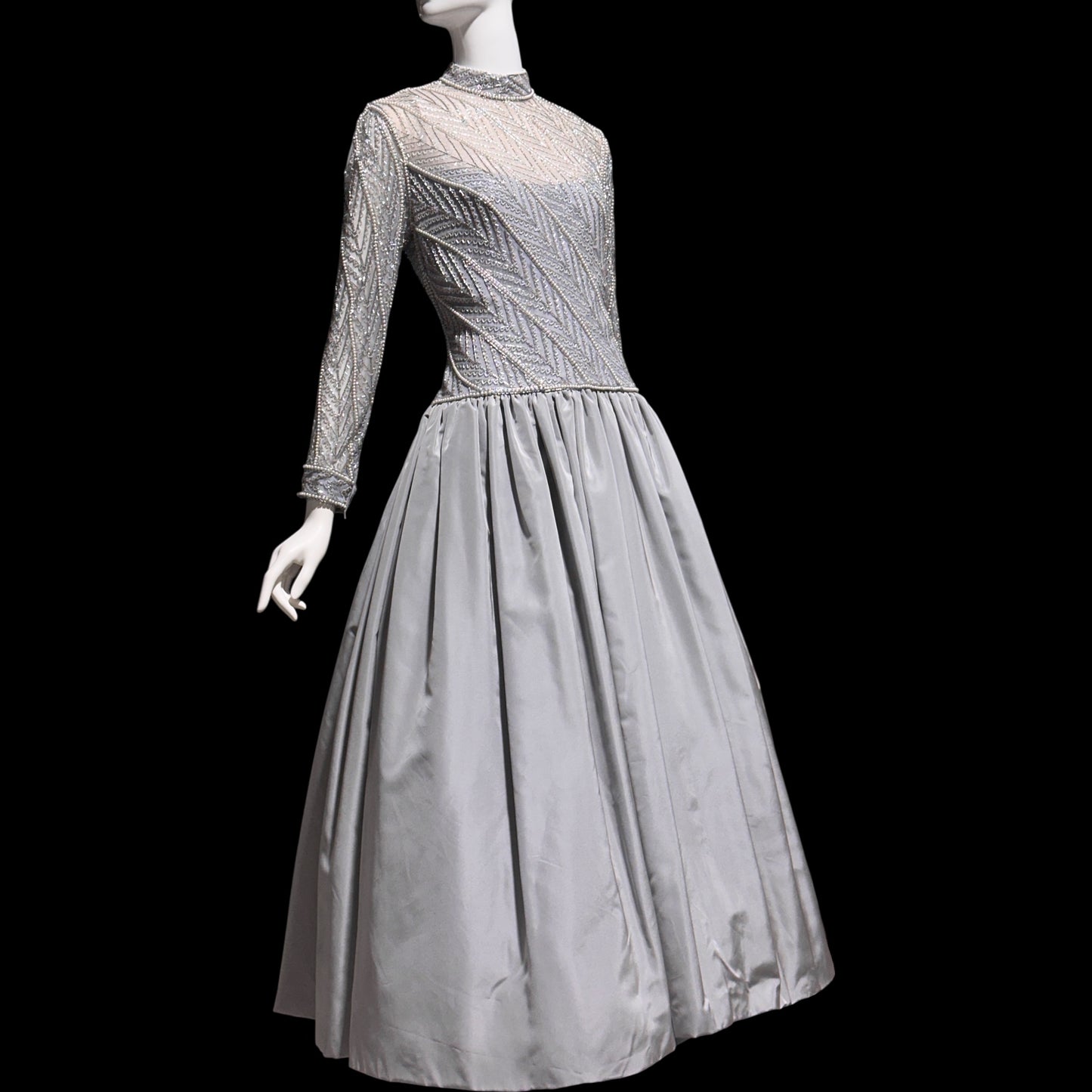 BOB MACKIE, vintage 1980s evening dress ball gown, Silver grey heavily beaded taffeta gown, Long sleeve high neck