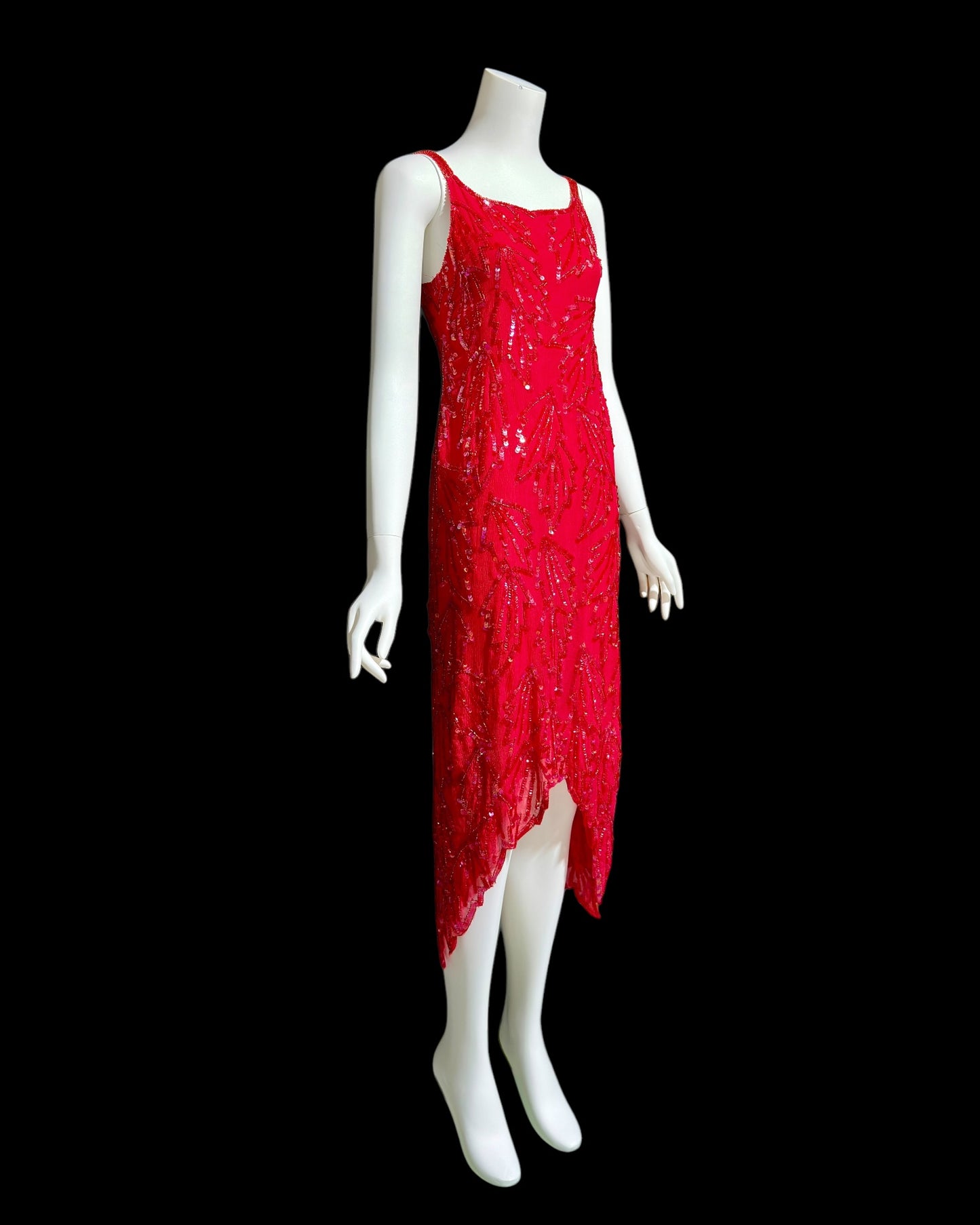 KAYE LOUISE vintage 1990s dress, red 100% silk and sequin beaded cocktail party slip dress