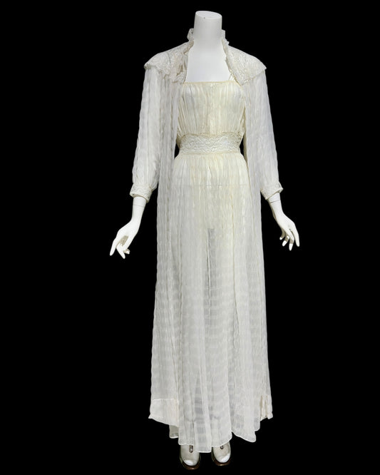 TULA 1940s peignoir set, white sheer tone on tone wedding bridal seersucker