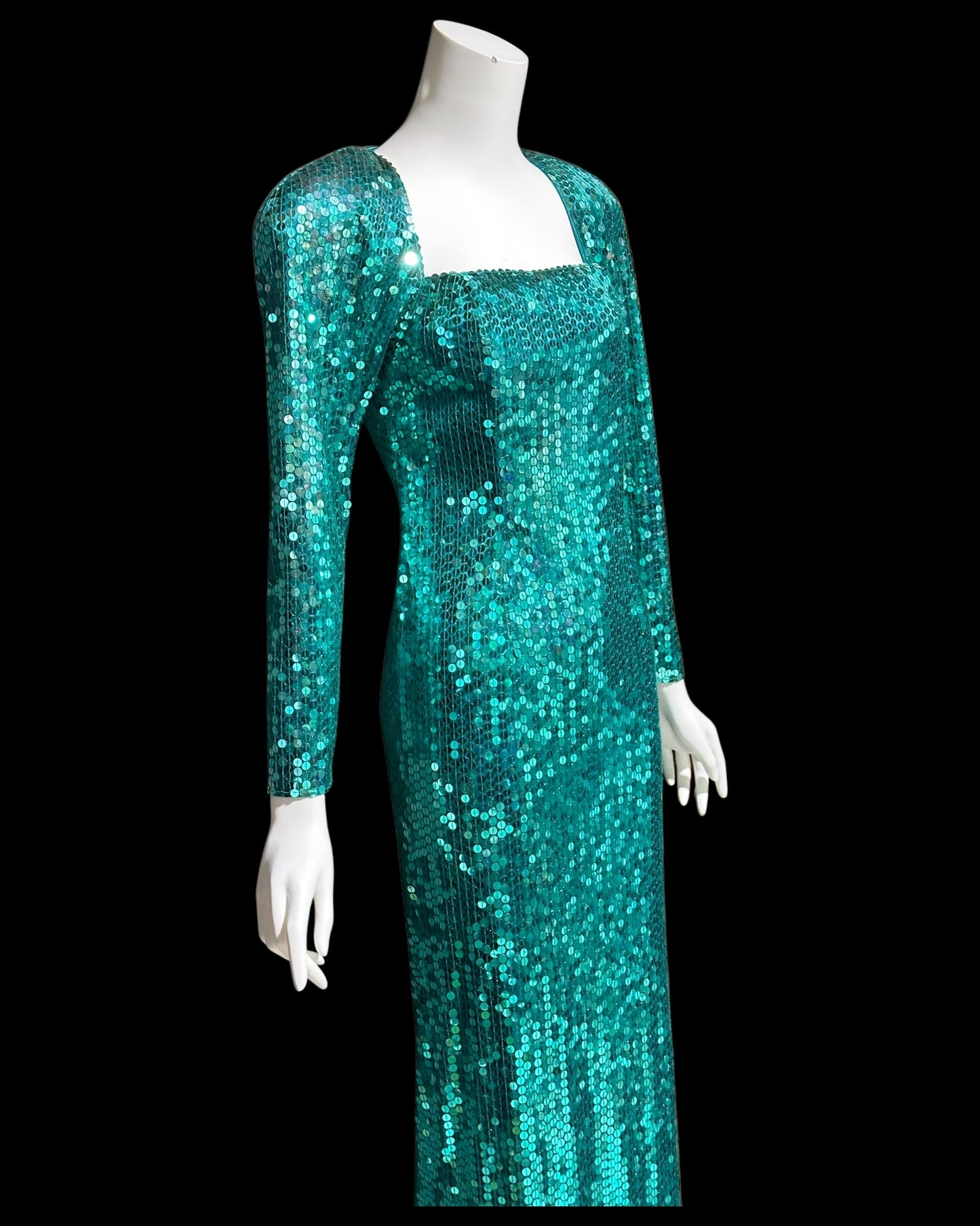 OLEG CASSINI vintage 1980s bodycon sequin evening gown, Mermaid teal green sheath gown with open back