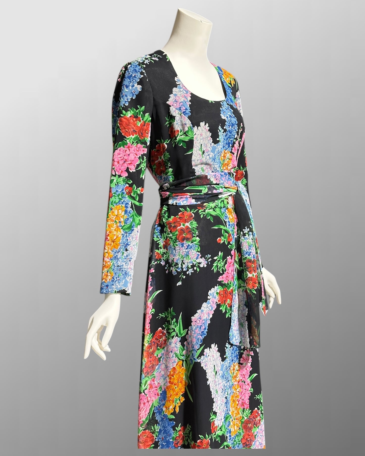 RAZOOK'S vintage 1970s evening dress, poly chiffon floral maxi dress
