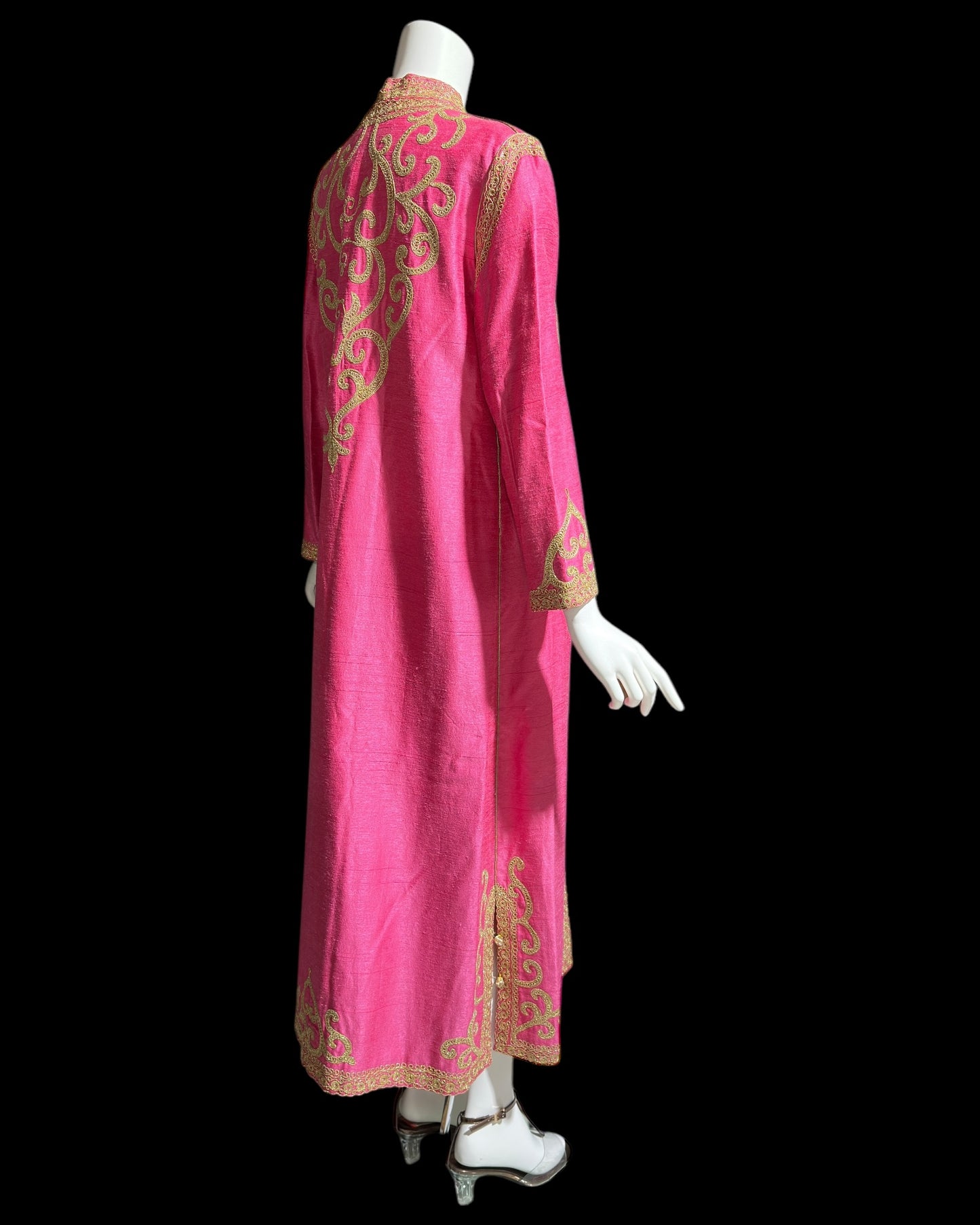 MOROCCAN KAFTAN vintage 1960s raw silk caftan evening dress, Hand Made Hot Pink and gold metallic