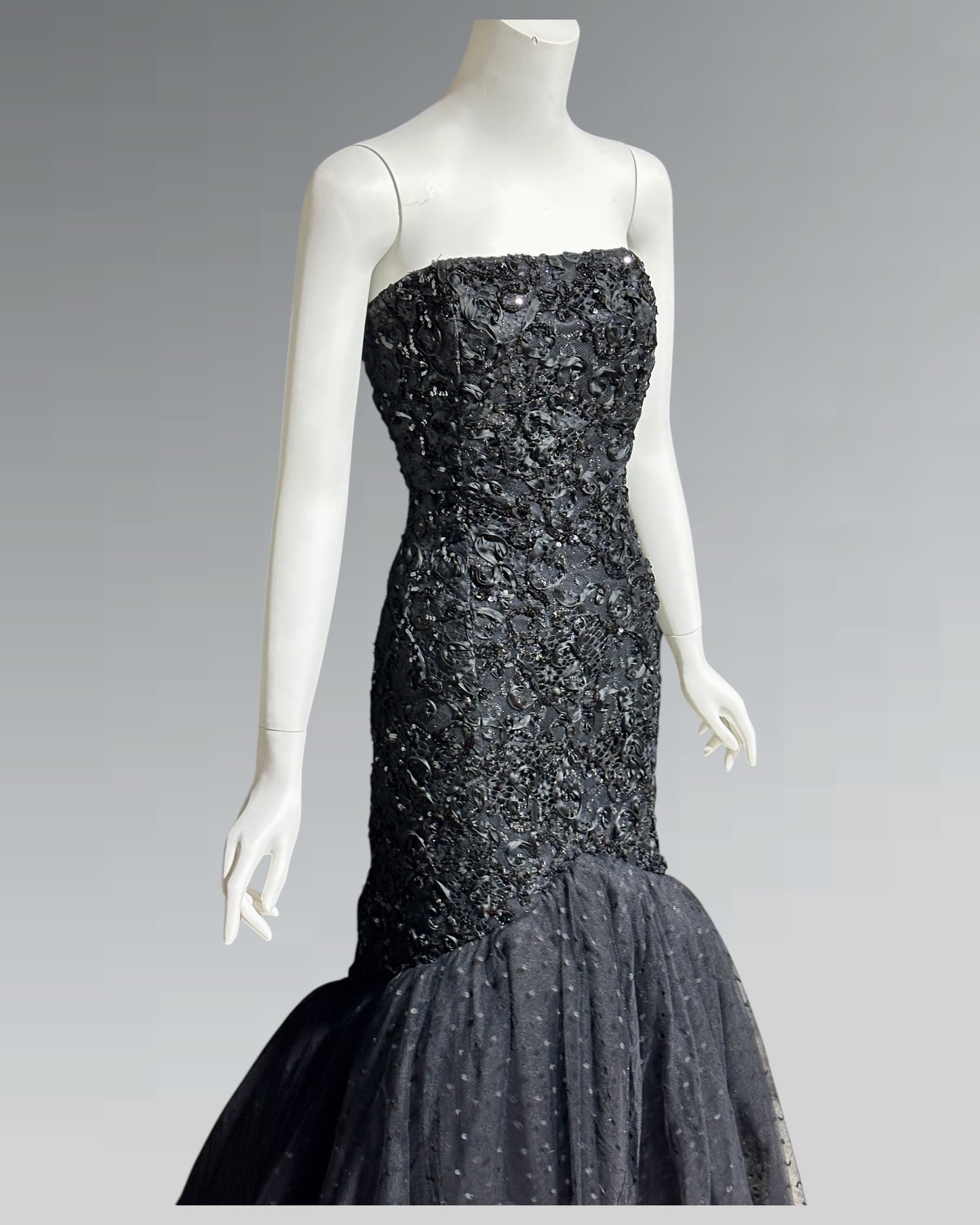 DAVID FIELDEN, 1980s Neiman Marcus, Black lace Mermaid sequin gown