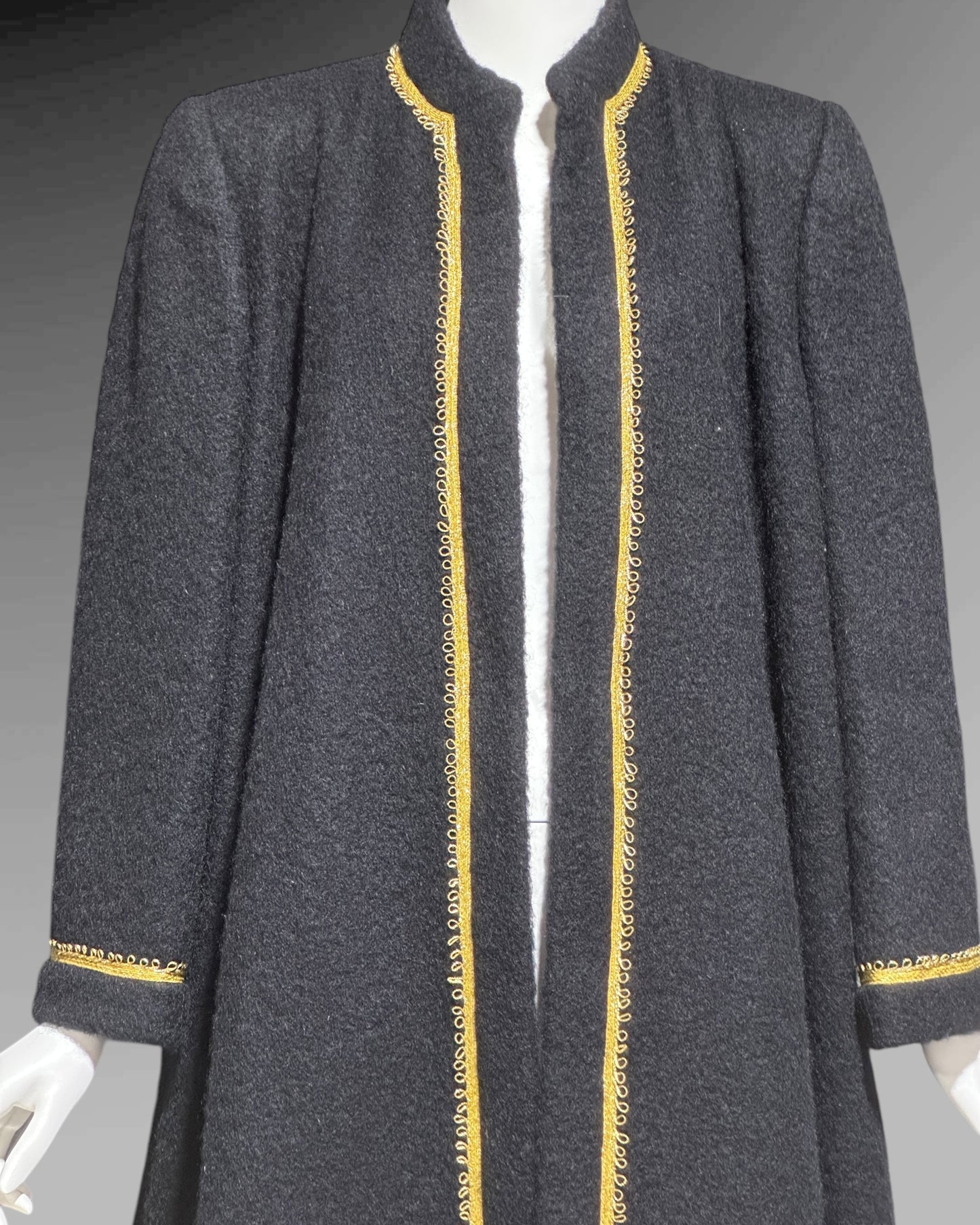 TRIGERE 1980s mohair swing coat, for SAKS 5th Ave Black mohair gold metallic cord