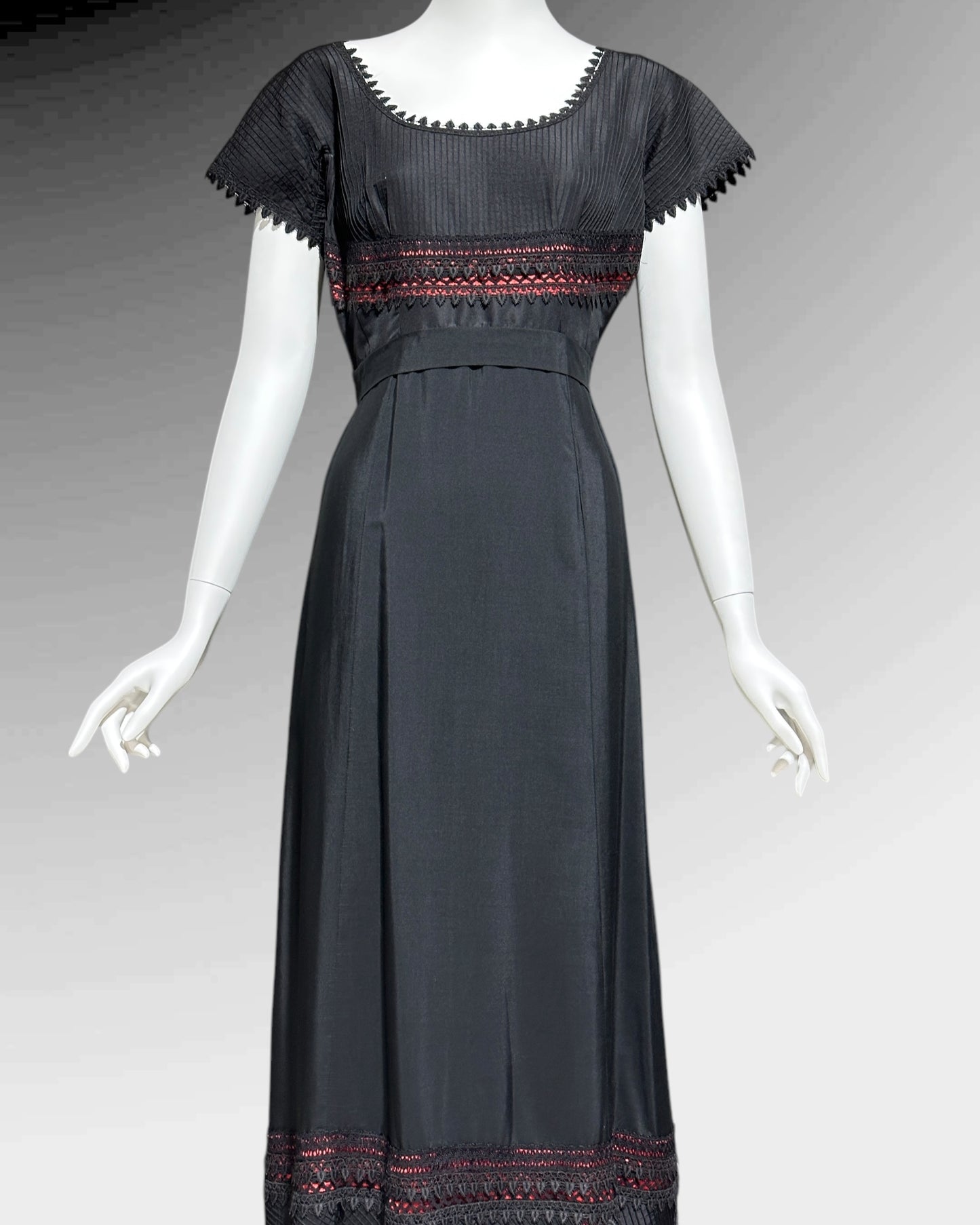 1960s vintage evening dress, Black and red satin gown, Pin tucks and see through lace