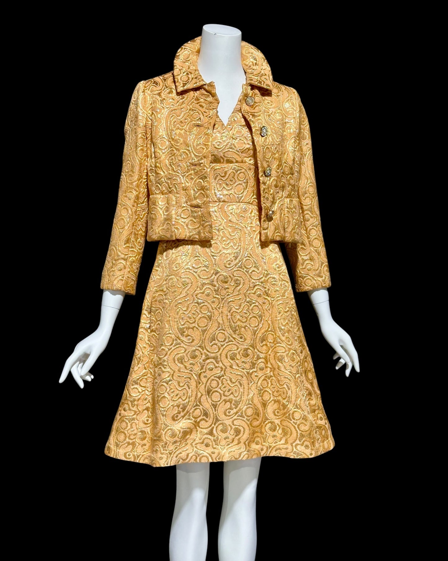 MALCOLM STARR Vintage dress jacket set, 1960s Apricot shiny gold brocade cocktail evening suit ensemble, dress and matching jacket