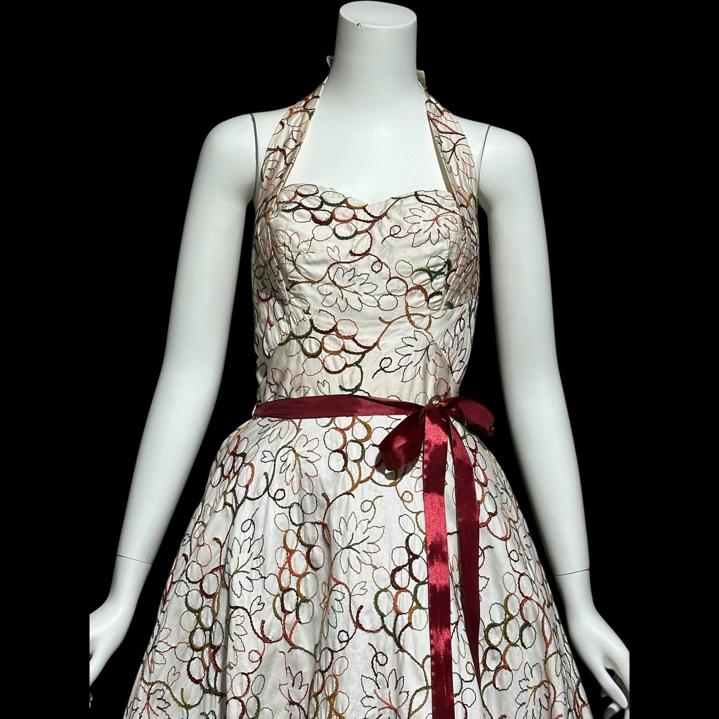 ALIX OF MIAMI, vintage 1950s Halter Sundress, cotton pinup dress with embroidery