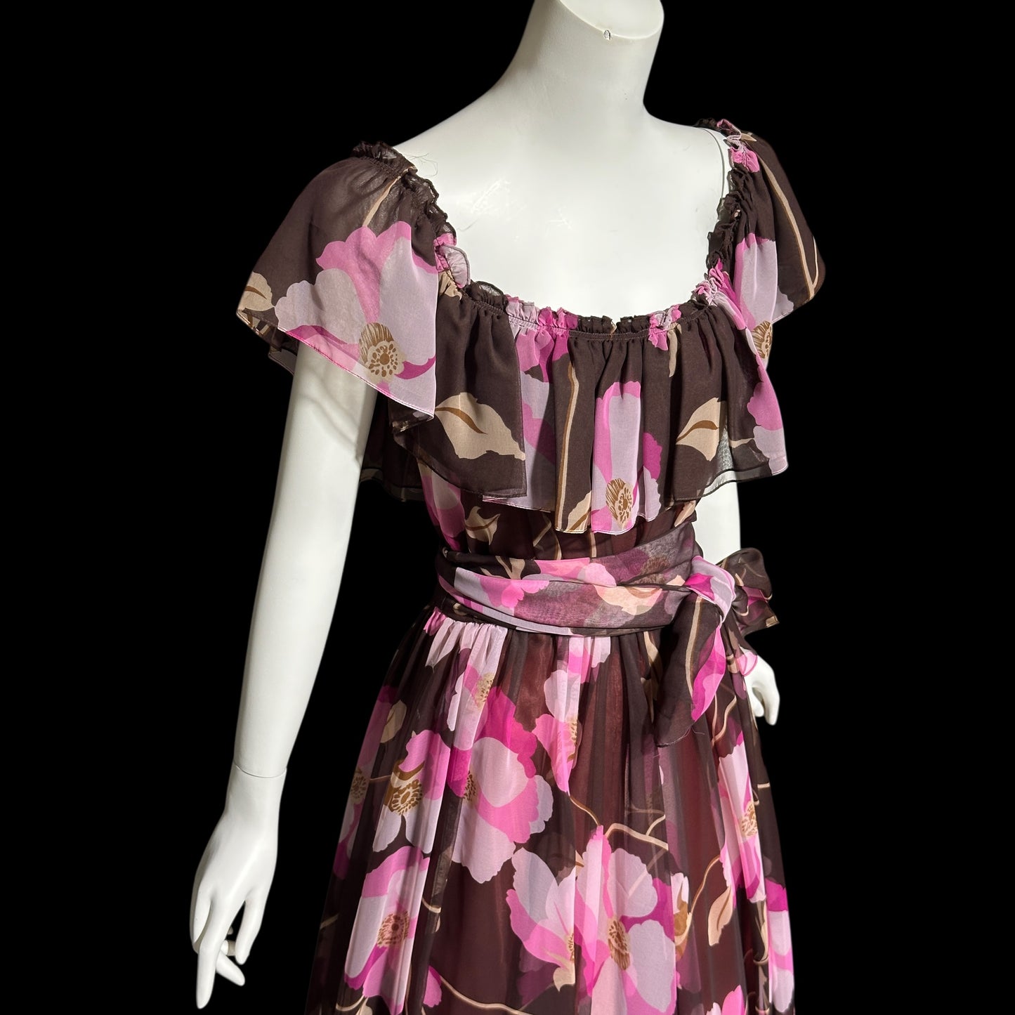 MIGNON New York, vintage 1970s floral Chiffon Maxi Dress, Chocolate Brown Hot Pink evening gown