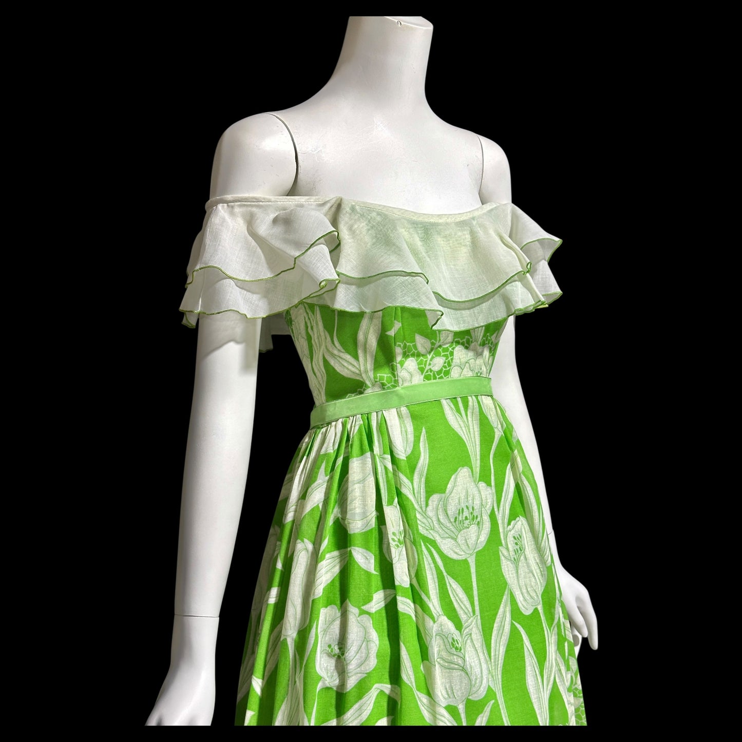 1970s vintage off shoulder maxi dress, Ruffle collar, sheer green and white floral, organza evening party dress