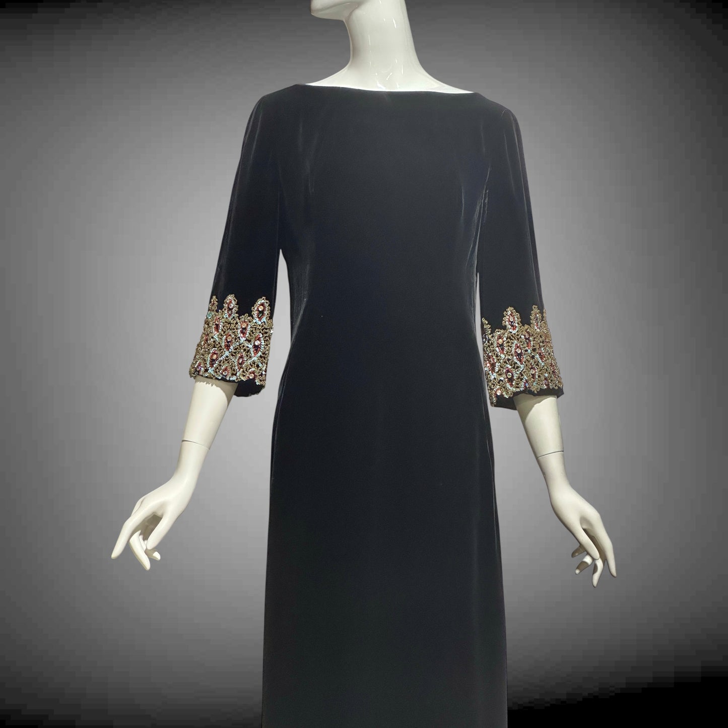 CAMEO vintage evening dress, for Bonwit Teller, 1960s black velvet beaded gown