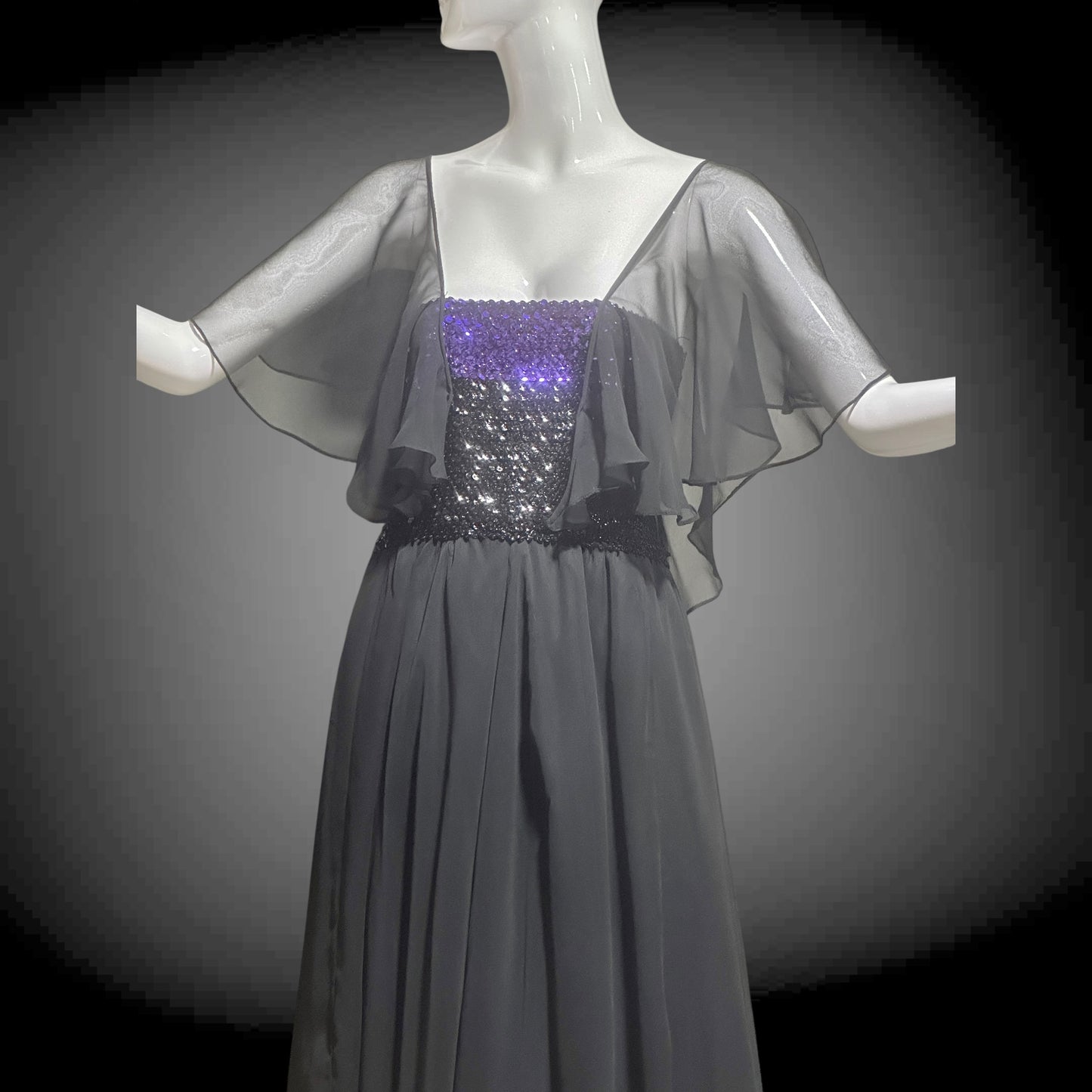 JEAN VARON, Made in England, vintage 1970s sequin and chiffon scarf evening dress