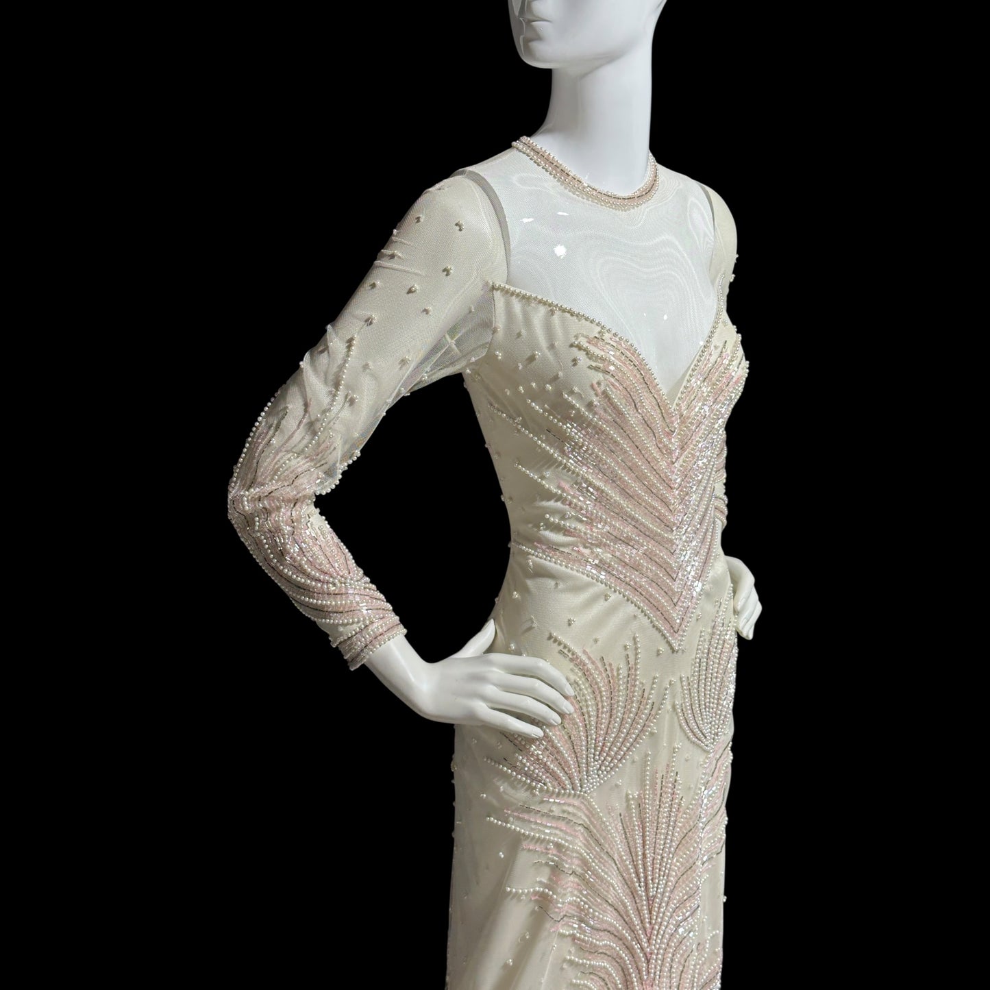 CARLOTA ALFARO, vintage 1980s evening gown, White pink beaded mermaid dress, ruffled bottom, illusion neckline