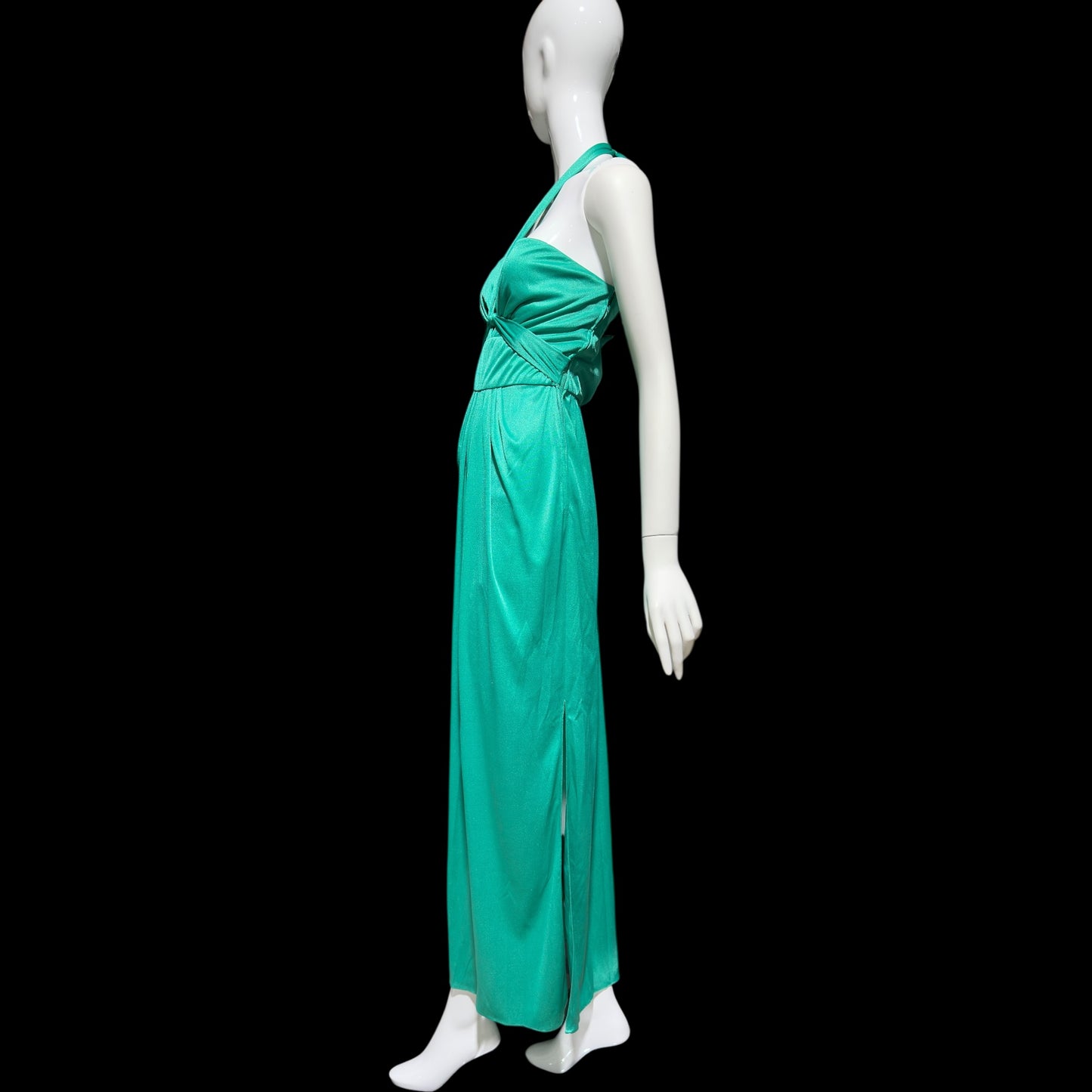 ESTEVEZ evening dress, vintage 1970s teal green jersey knit gown, Studio 54 cocktail disco party dress