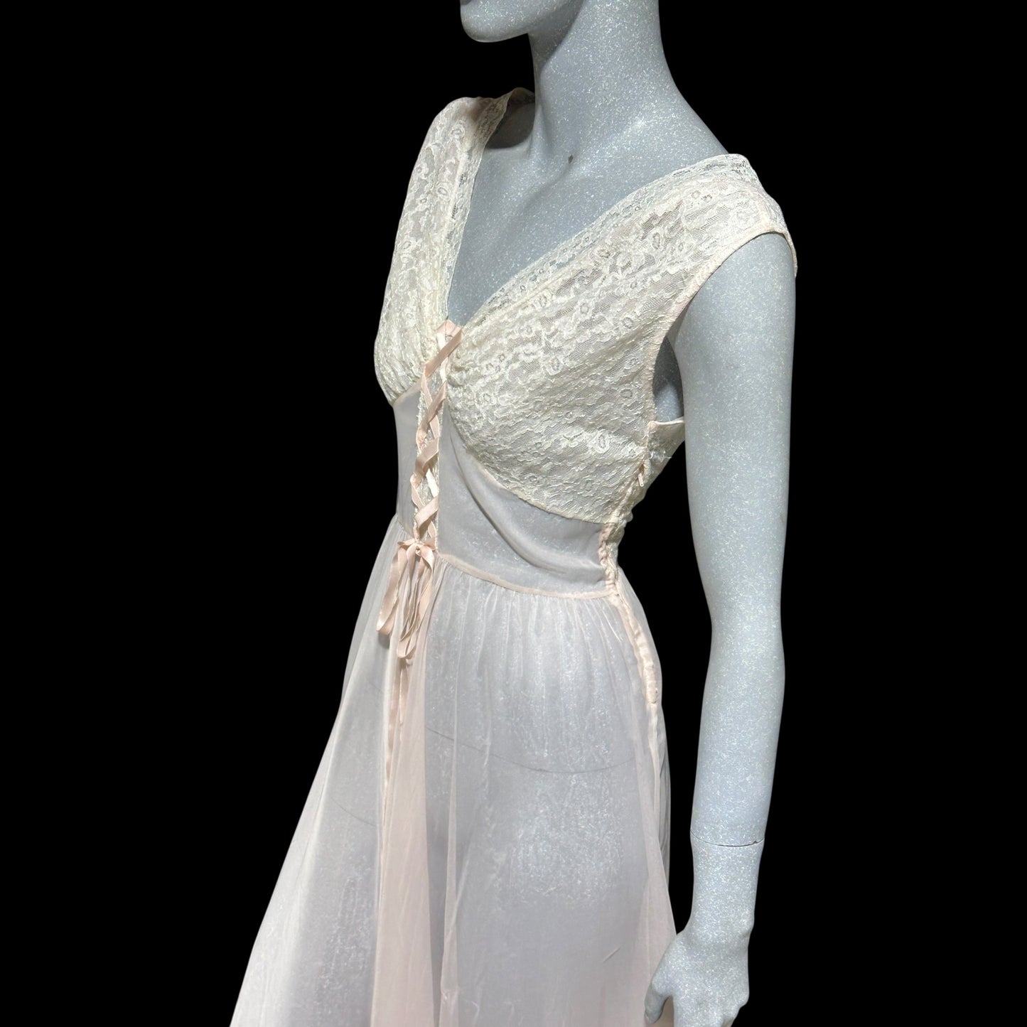 ODETTE BARSA vintage 1940s nightgown slip dress, Sheer pale pink with white lace full sweep Old Hollywood gown