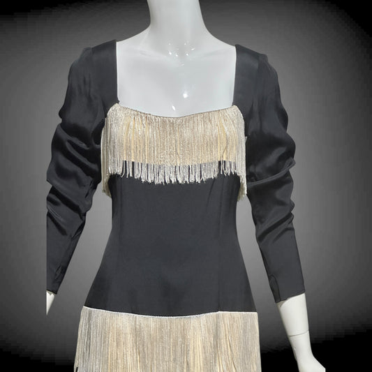 TRAVILLA vintage evening cocktail dress, 1960s black white fringed mod party dress