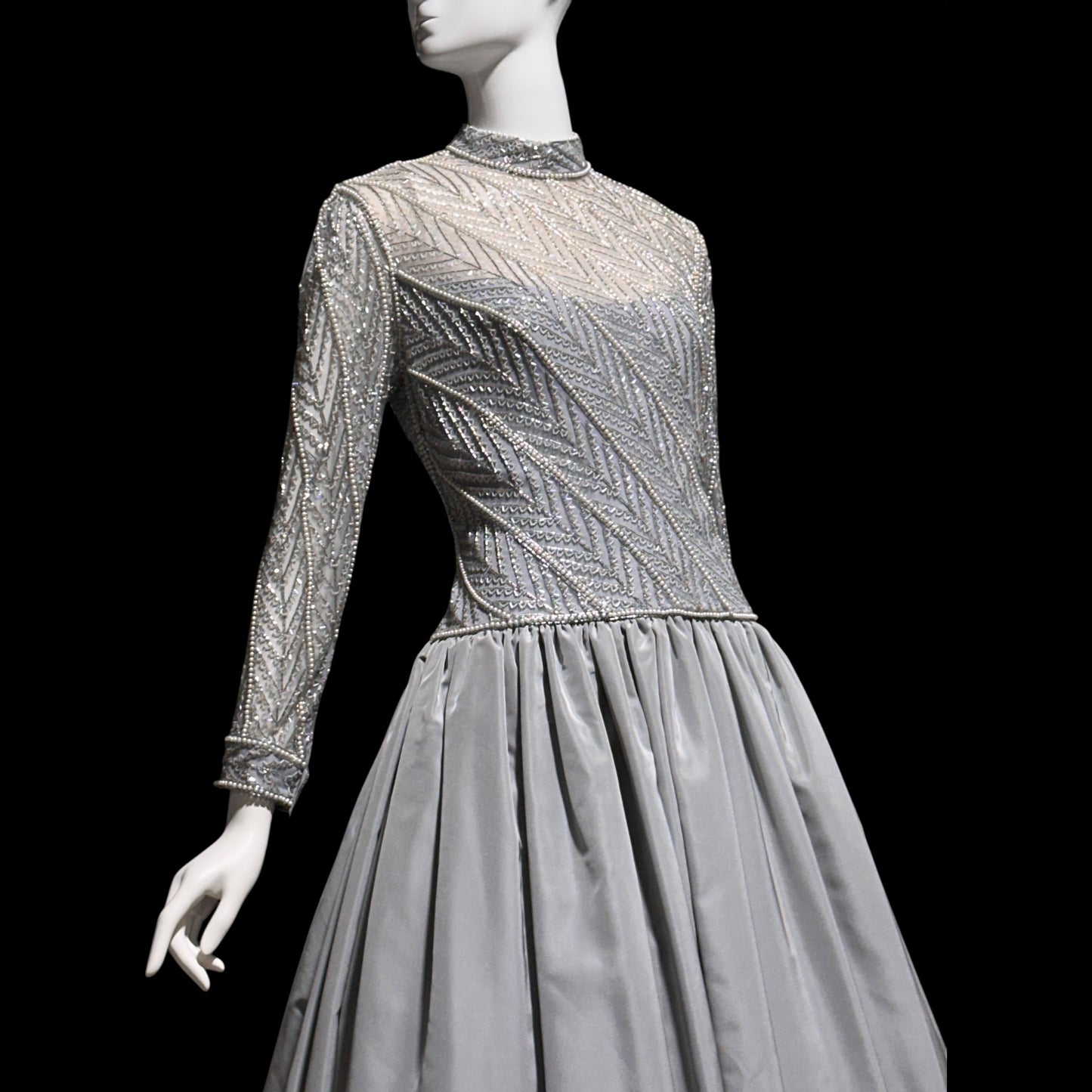 BOB MACKIE, vintage 1980s evening dress ball gown, Silver grey heavily beaded taffeta gown, Long sleeve high neck