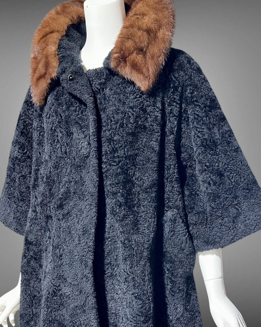 LILLI ANN 1950s vintage swing coat, Black boucle evening swing coat with mink collar