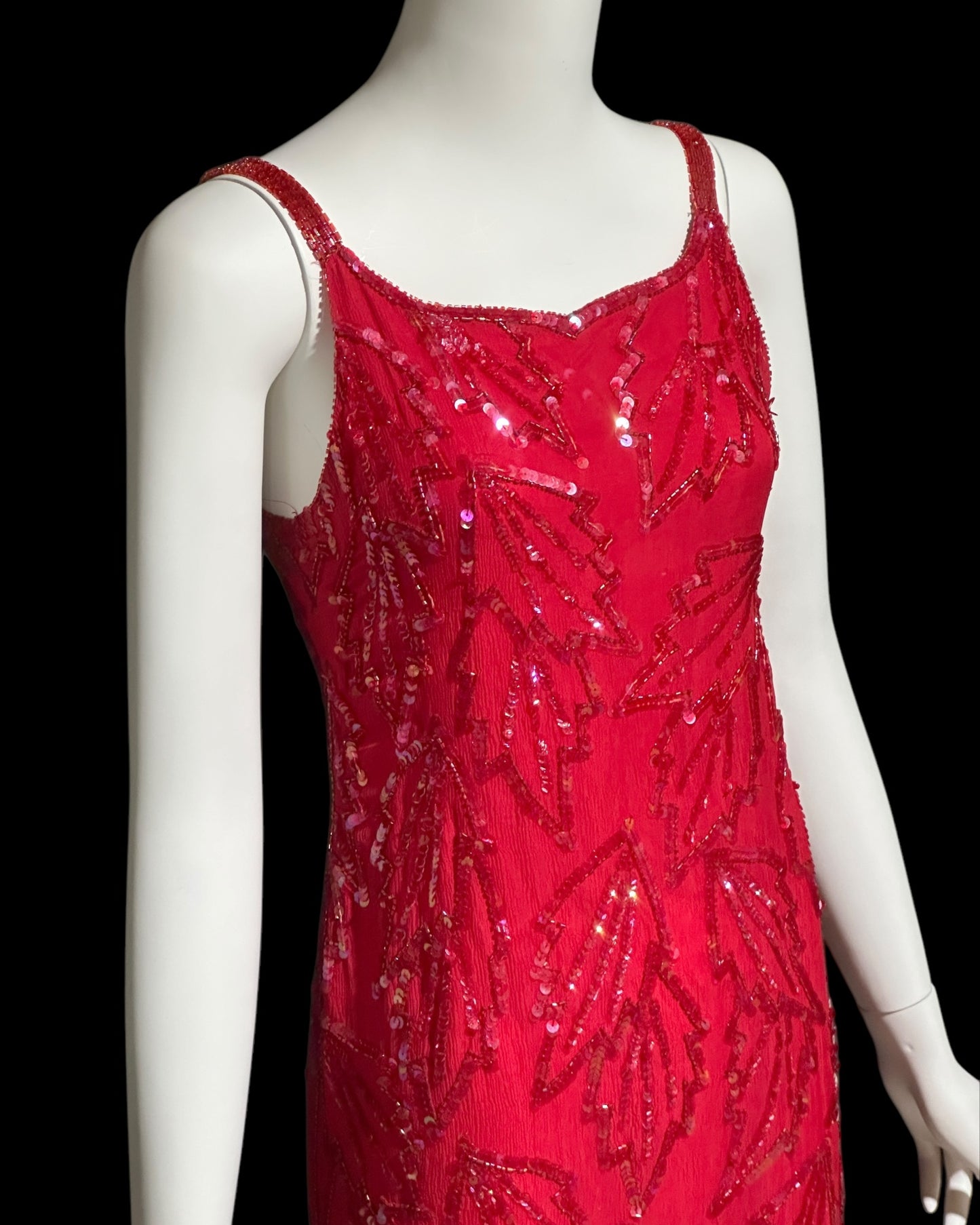 KAYE LOUISE vintage 1990s dress, red 100% silk and sequin beaded cocktail party slip dress
