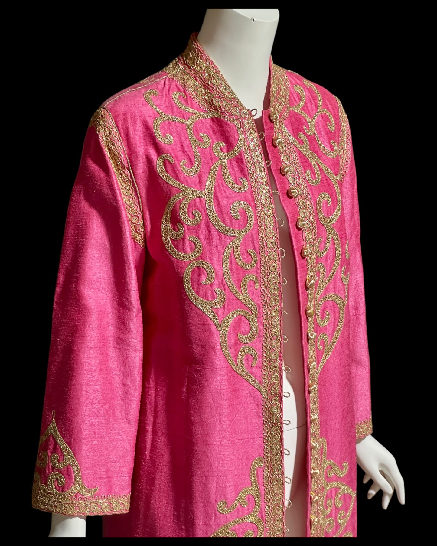 MOROCCAN KAFTAN vintage 1960s raw silk caftan evening dress, Hand Made Hot Pink and gold metallic